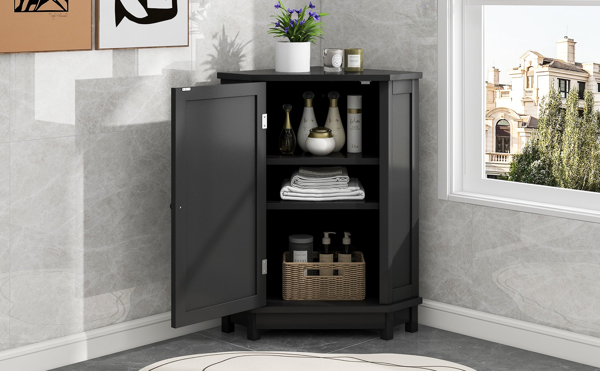 Black Bathroom Cabinet Triangle Corner Storage Cabinet With Adjustable Shelf Modern Style Mdf Board Black Mdf