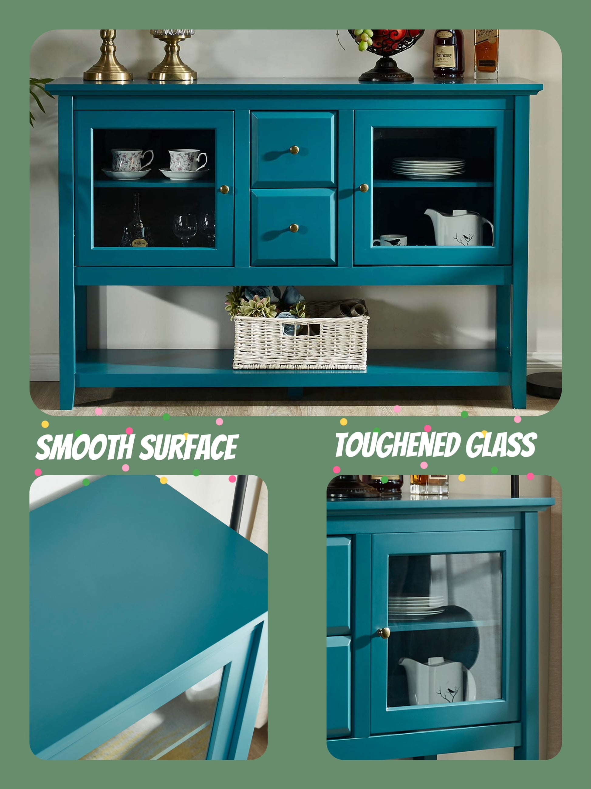 52" Modern Sideboard Storage With Adjustable Shelves, Sideboard Buffet Cabinet With 2 Doors, Credenzas For Dining Room, Living Room, Entryway Teal Dining Room Adjustabel Shelves Mdf Glass