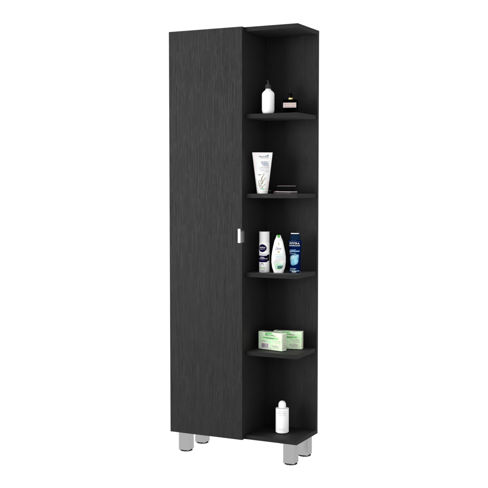 Los Angeles Linen Cabinet, Five Shelves, One Cabinet, Divisions Black 1 5 18 To 23 In 60 In & Above Bathroom Freestanding Contemporary 5 10 Inches Melamine Melamine