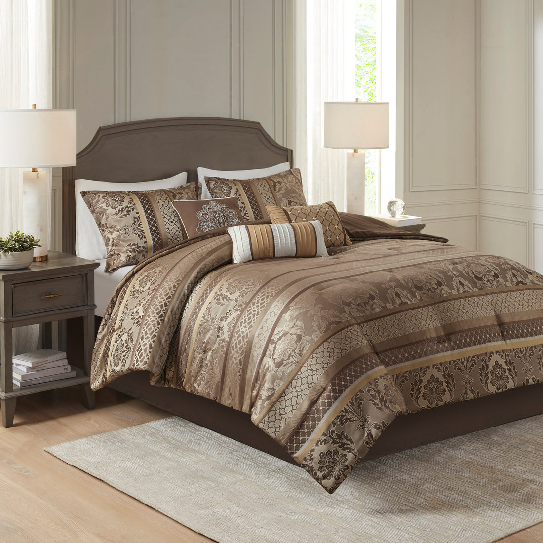 7 Piece Jacquard Comforter Set Brown Gold Cal King California King Brown Gold Polyester