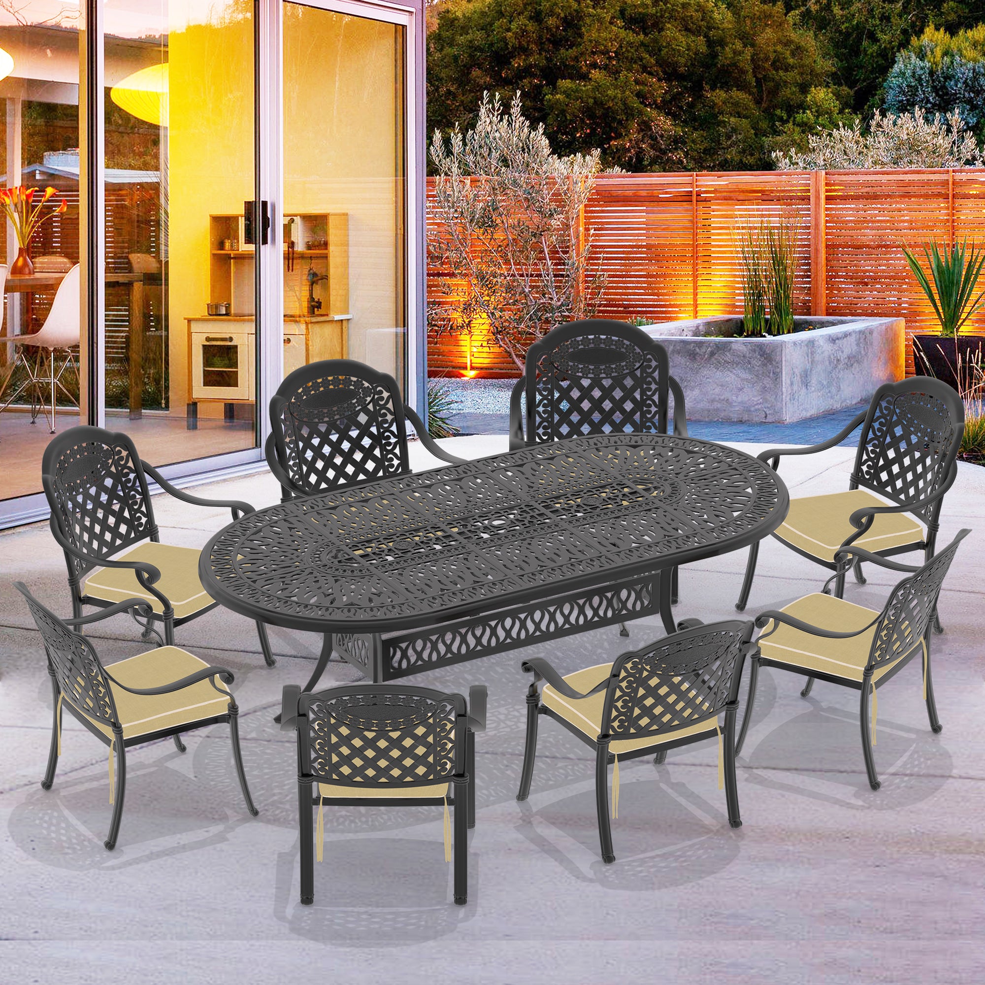 Cushions In Random Colors 9 Piece Set Of Cast Aluminum Patio Furniture With Cushions Yes Dining Set Black Seats 8 Rust Resistant Frame Water Resistant Cushion Garden & Outdoor Complete Patio Sets Aluminium