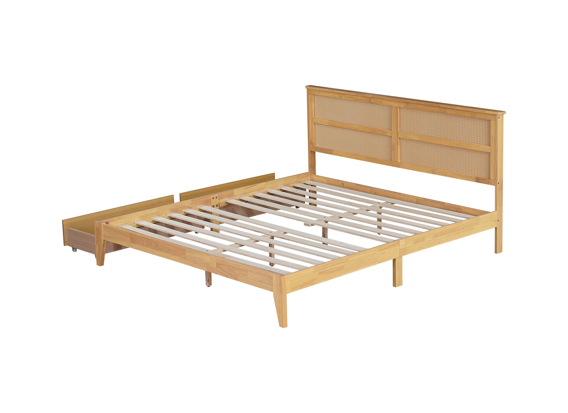 King Size Bed With Rattan Headboard, Two Storage Drawers, Rubber Wood Bed With Enhanced Support Salts And Feet,White Oak King White Oak Rubber Wood