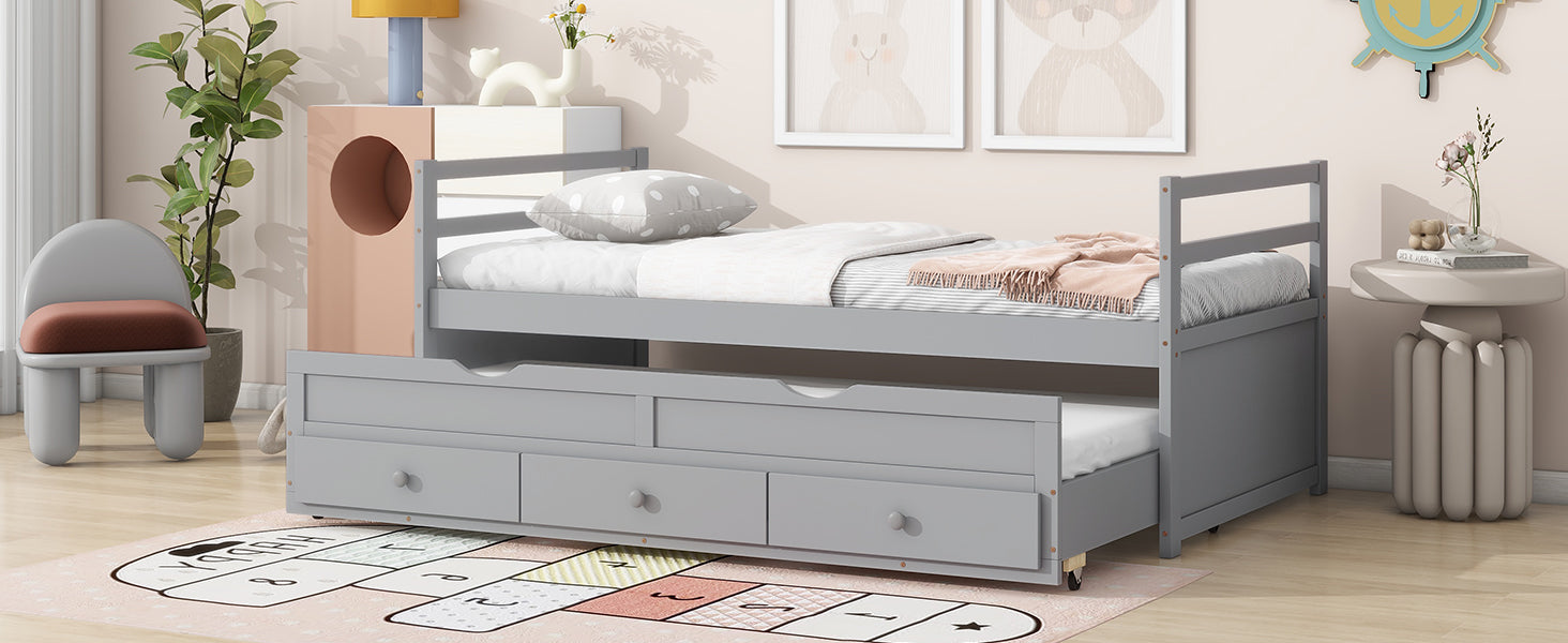 Twin Size Bed With Headboard, Footboard, Trundle And Three Storage Drawers, Twin Size Pine Wood Bed With Headboard, Footboard,Grey Twin Grey Pine