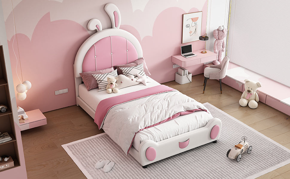 Twin Size Upholstered Platform Bed With Rabbit Shaped Headboard, White Box Spring Not Required Twin White Pink Wood Bedroom Bed Frame Faux Leather Upholstered