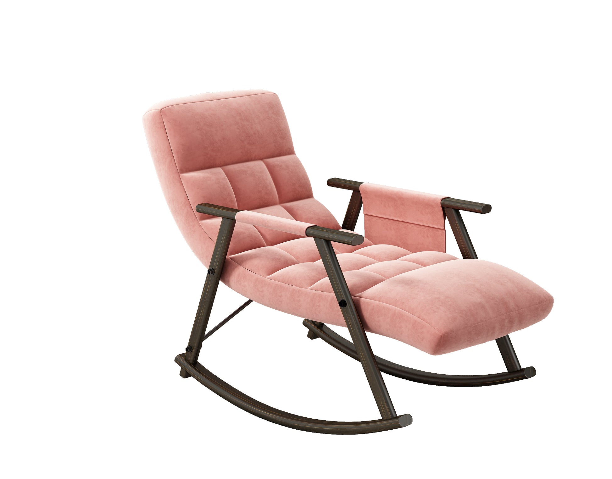 Casual Folding Rocking Chair Upholstered, Lounge Rocking Chair Adjustable High Back And Foot Rest,Side Pockets Placed In Living Room Bedroom Balcony Pink Velvet