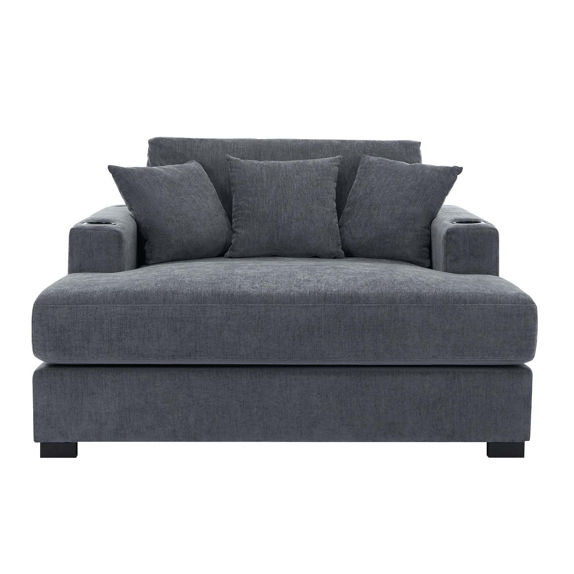 55" Oversized Chaise Lounger Modern Style Sofa Couch ,With Pillows, Charge Station & Cup Holders, Chenille Fabric, Blue Gray Blue Gray Chenille