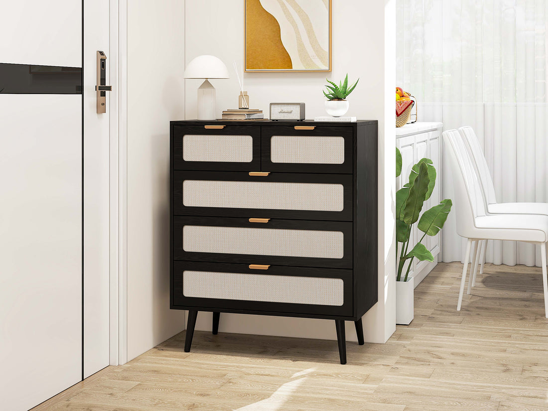 5 Drawer Cabinet, Accent Storage Cabinet, Suitable For Living Room, Bedroom, Dining Room, Study Black Mdf