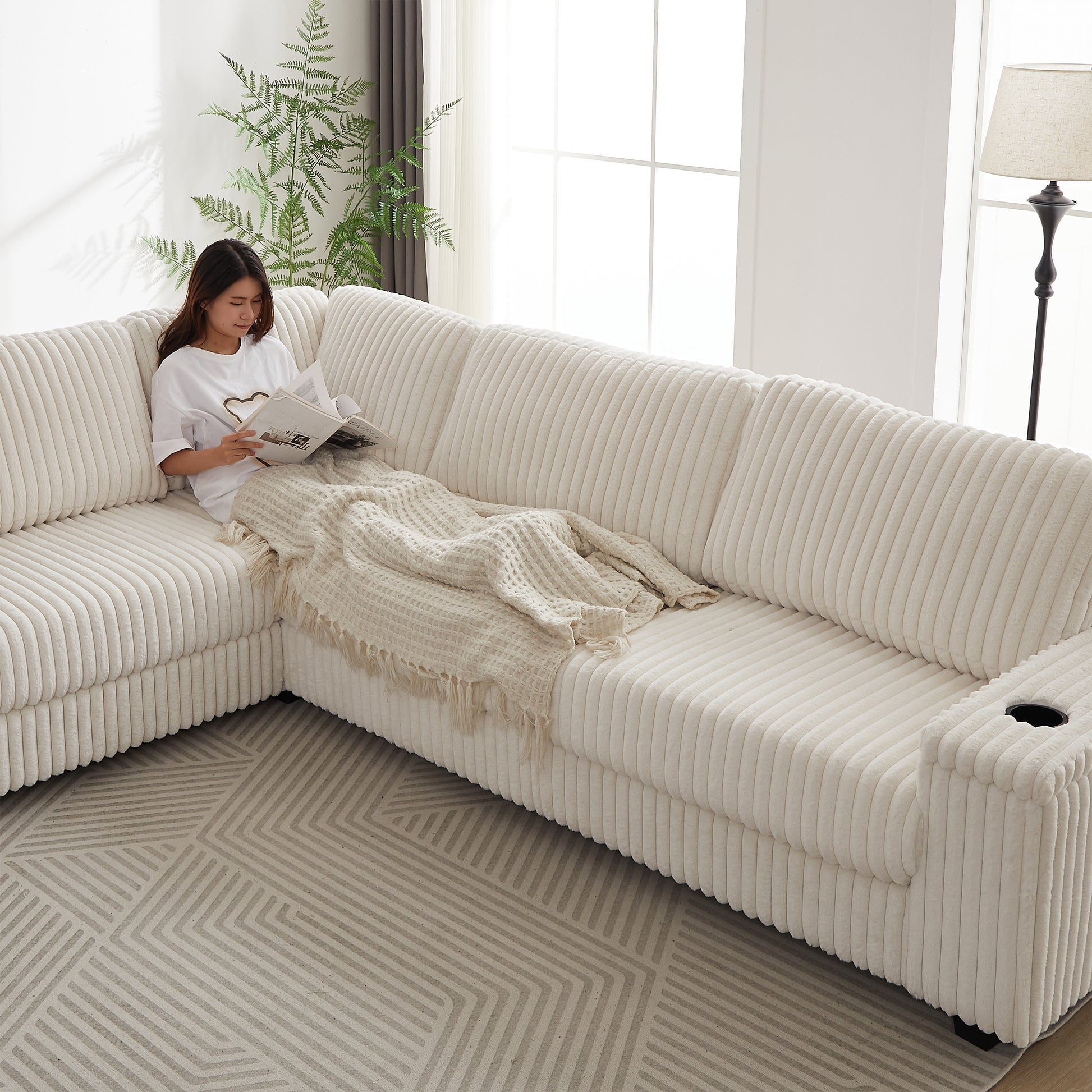 110 Inch Oversized Corduroy Corner Sofa,L Shaped Corner Couch With Two Storage Spaces,Usb Port & T Pyce Port And Cup Holderdeep Seat Comfy Upholstered Couches For Living Room Not Freely Combinable Beige Corduroy 5 Seat