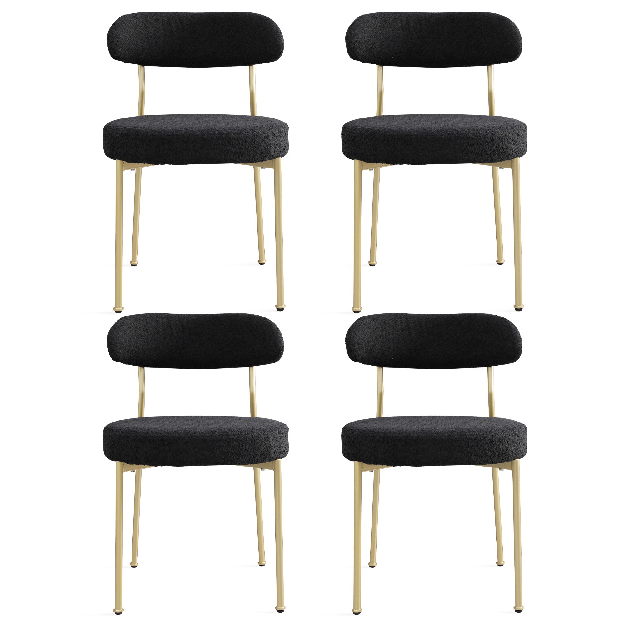 Boucle Upholstered Dining Chairs With Curved Backrest & Gold Metal Legs Set Of 4, Black Metal Black Gold Dining Room Foam Classic,Modern Dining Chairs Set Of 4 Or More Fabric Metal