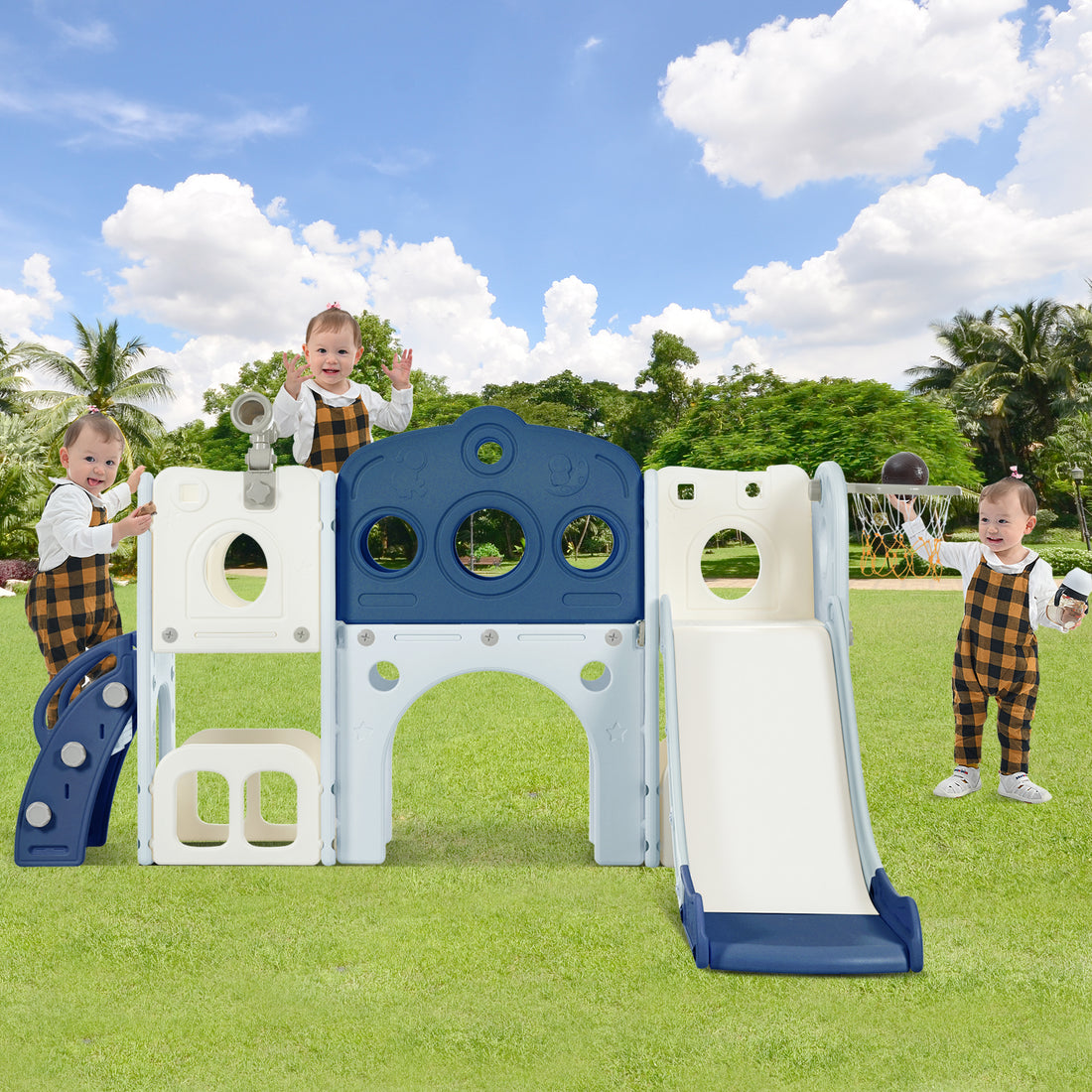 7 In 1 Toddler Slide Set, Freestanding Space Set With Slide, Kids Slide Playset Structure, Arch Tunnel And Basketball Hoop, Toy Storage Organizer For Toddlers, Kids Climbers Playground Blue 50 99 Lbs Cute 1 To 2 Years Hdpe Indoor & Outdoor Use