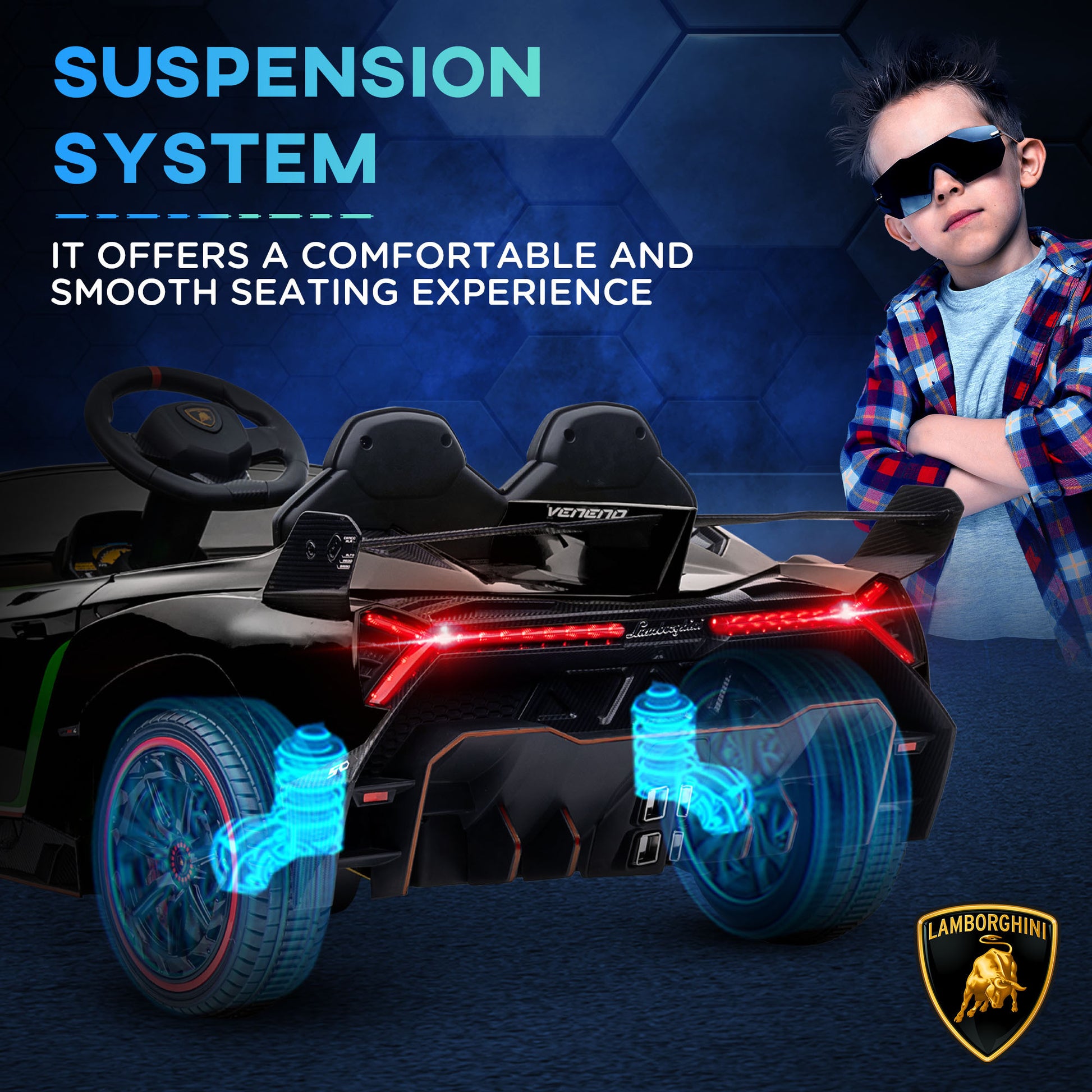 Aosom Lamborghini Veneno Licensed Kids Electric Car With Bluetooth, 12V Ride On Car With Butterfly Doors, Remote Control, Portable Battery, Suspension System, Horn, Songs, Lights, Black Black Plastic