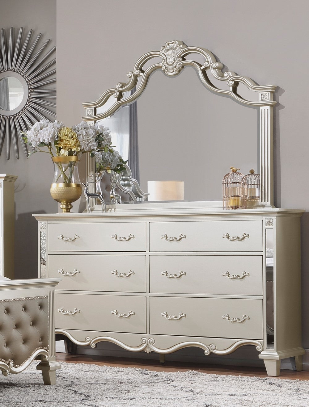 Glamorous Champagne Finish Dresser Of 6 Drawers Textural Panels Traditional Luxury Bedroom Furniture 1Pc Champagne Bedroom Luxury,Traditional Wood