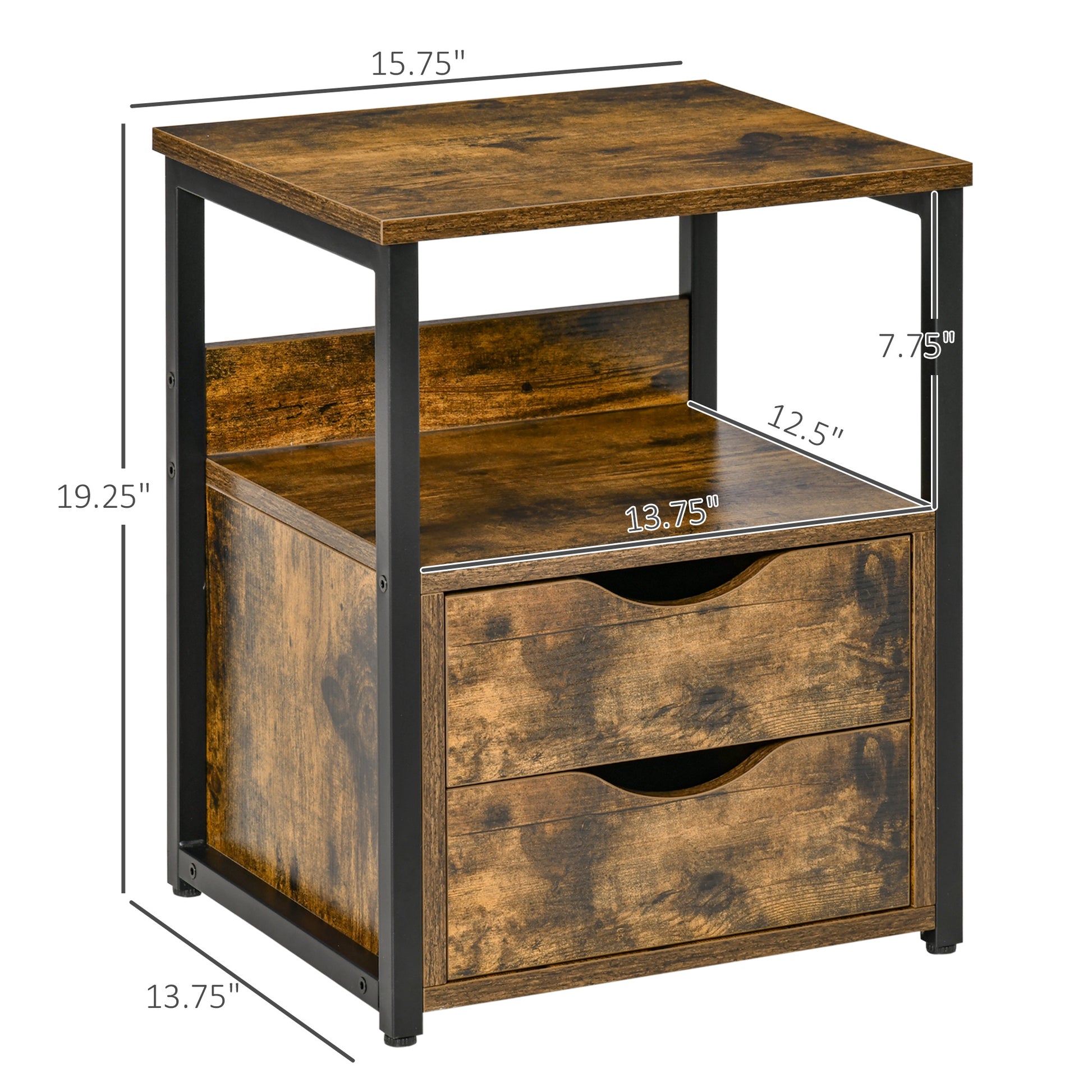 Homcom Industrial Side Table With 2 Drawers, Small End Table With Storage Shelf, Accent Sofa Table With Groove Handle And Metal Frame For Living Room, Brown Rustic Brown Particle Board