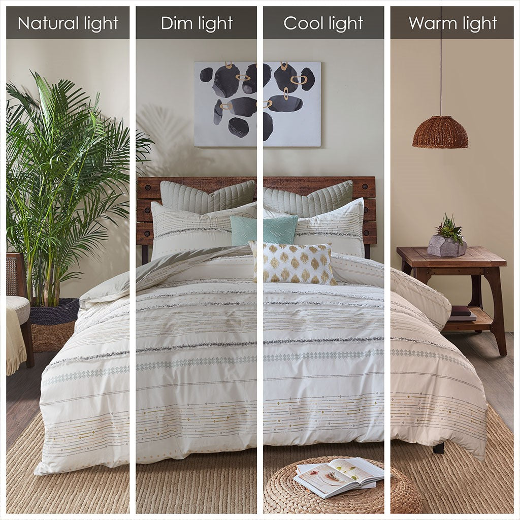Cotton Printed Comforter Set With Trims Off White Gray Full Queen Queen Off White Gray Cotton