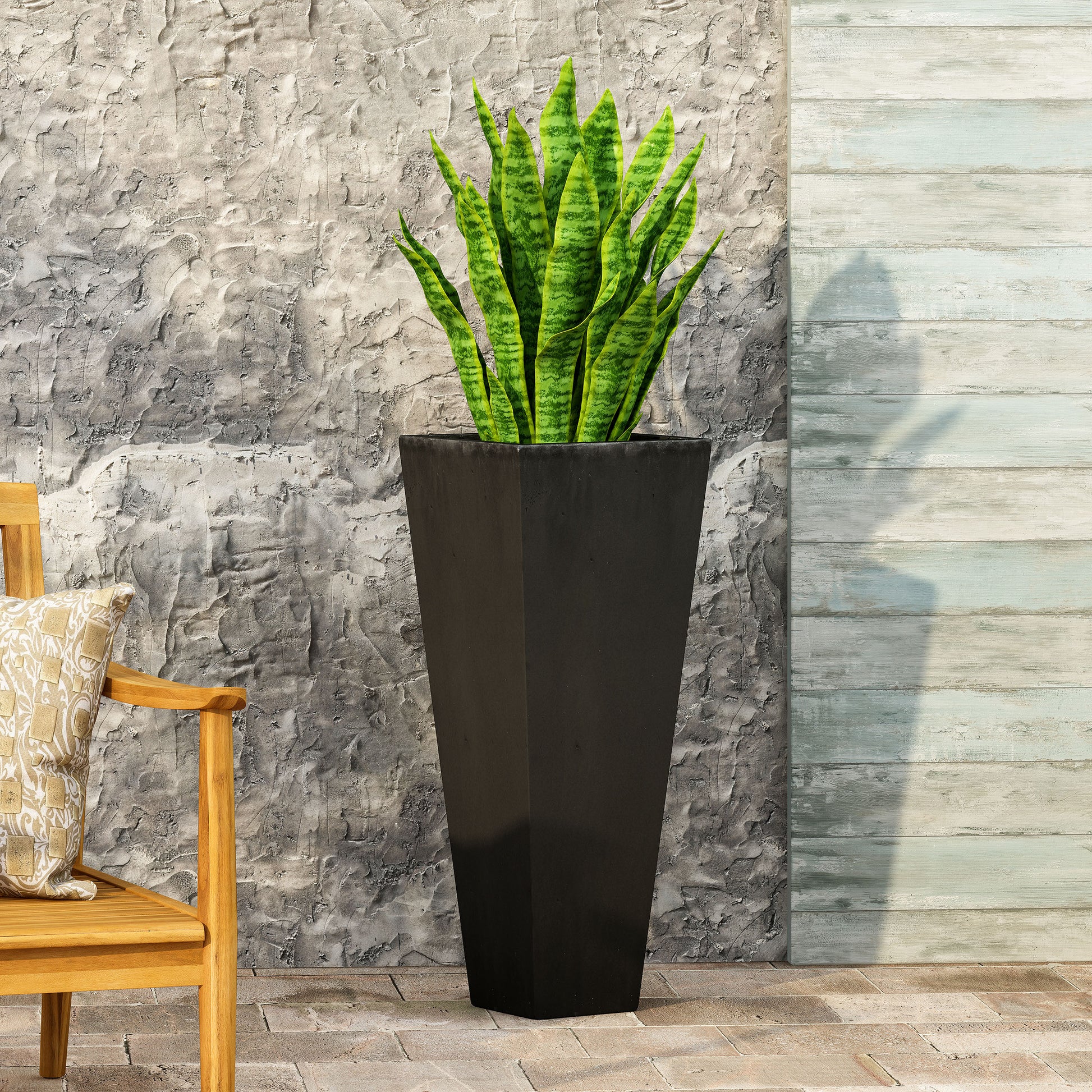 13" X 32.5" Outdoor Modern Mgo Cast Stone Planter, Black Black Magnesium Oxide