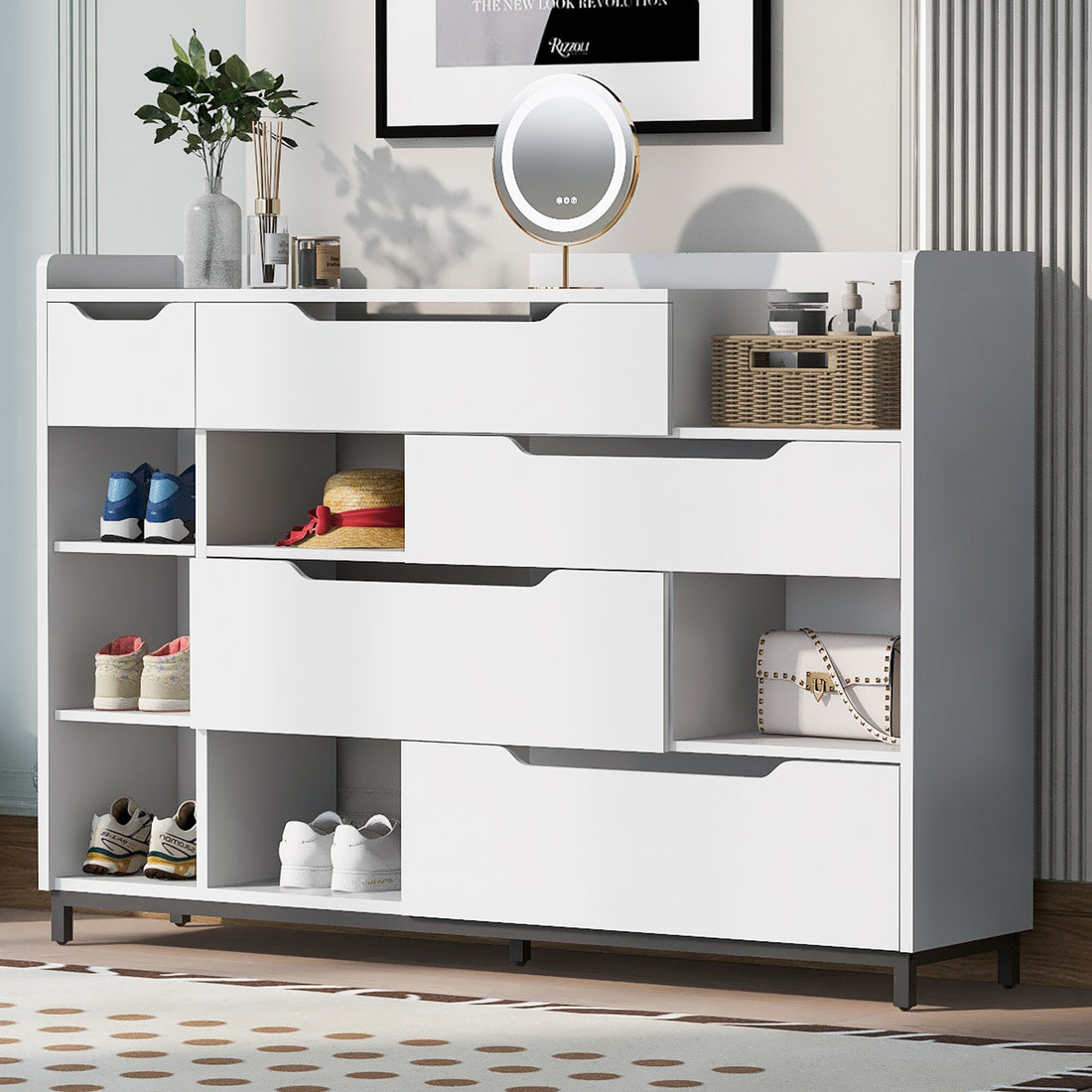 Shoe Storage Cabinet For Entryway With Drawers And Shelves, Modern Shoe Organizer Cabinet, Free Standing Shoe Rack For Hallway, Living Room White Mdf