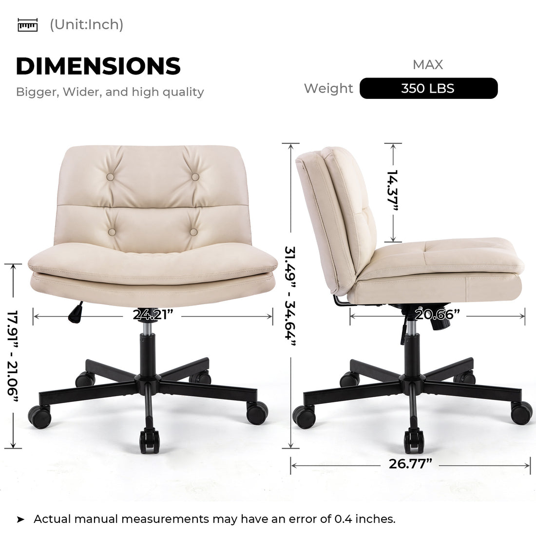 Large Size Swivel Home Office Desk Chair Armless Office Room Chair Caster Wood Beige Primary Living Space Foam Dry Clean American Design,Casual,Contemporary,Minimalist,Modern Handle Office Chairs Solid Back Foam Adjustable Height Leather