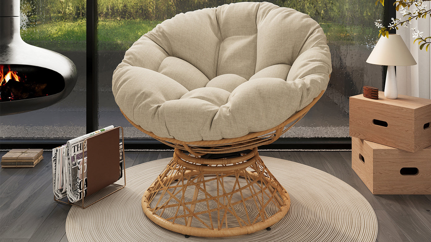 40" Ergonomic Wicker Chair With Cloud Thick Density Fabric Cushion,3 Proof Cover,High Capacity Iron Frame,Fluid 360 Degree Swivel For Reading,Living Room, Bedroom,Lounge,Natural Base,2 Colors