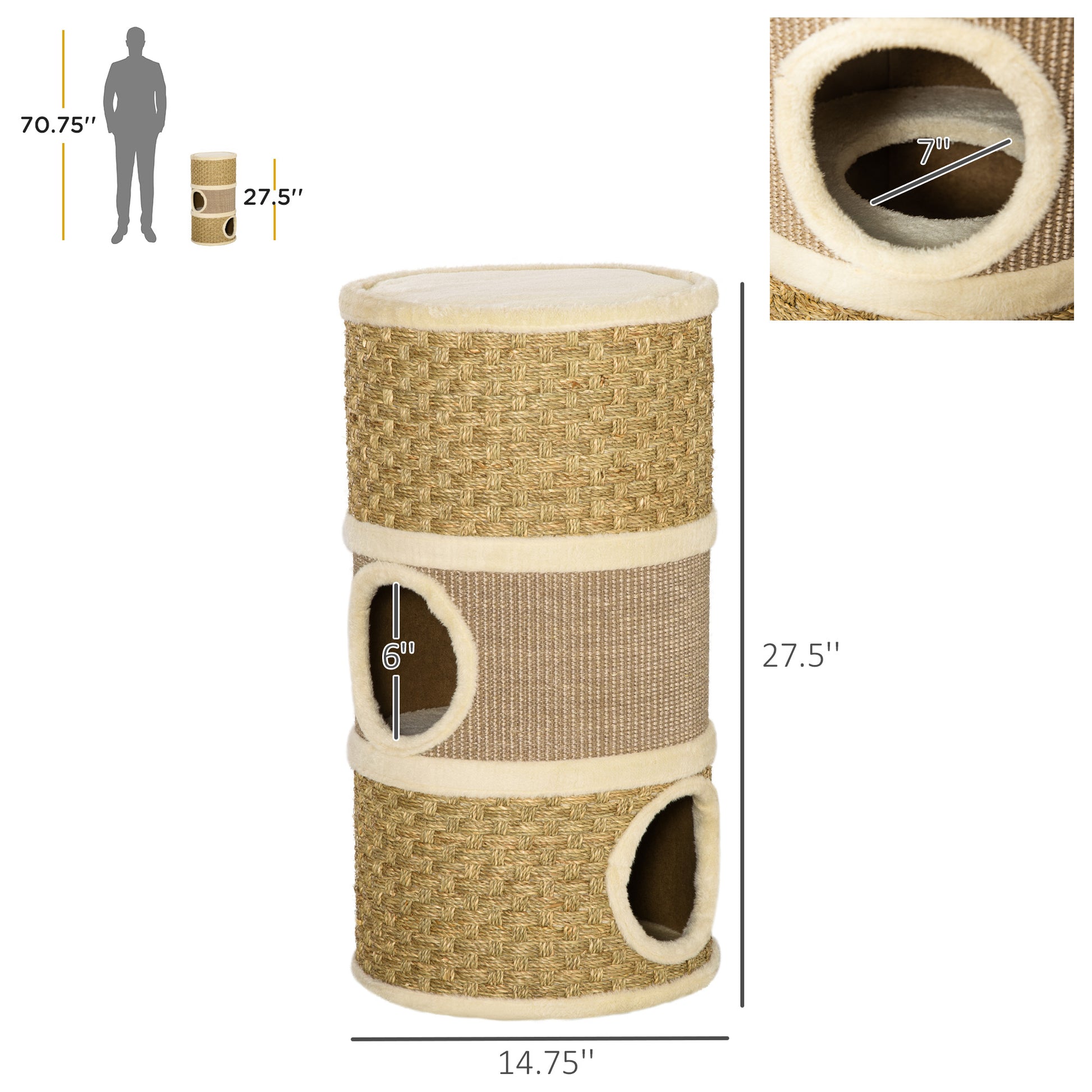 Pawhut 28 Inch Cat Condo, 3 Story Cat Hideaway With Sisal Scratching Pad, Barrel Shaped Small Cat Tree For Indoor Cats, Khaki And Brown Khaki Particle Board