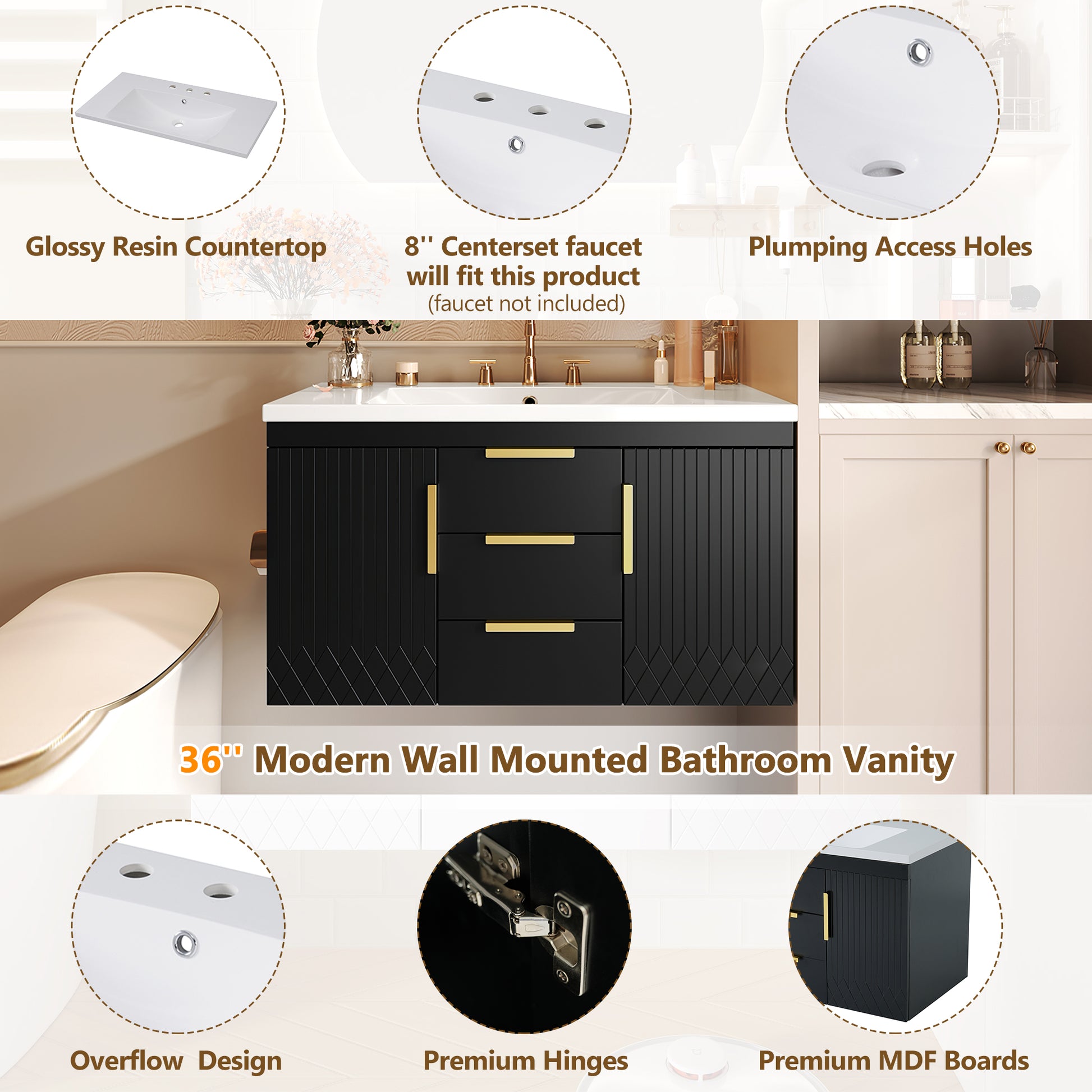 36'' Wall Mounted Bathroom Vanity With Resin Sink, Floating Bathroom Storage Cabinet With 2 Drawers, Solid Wood Bathroom Cabinet Black Bathroom Modern Mdf
