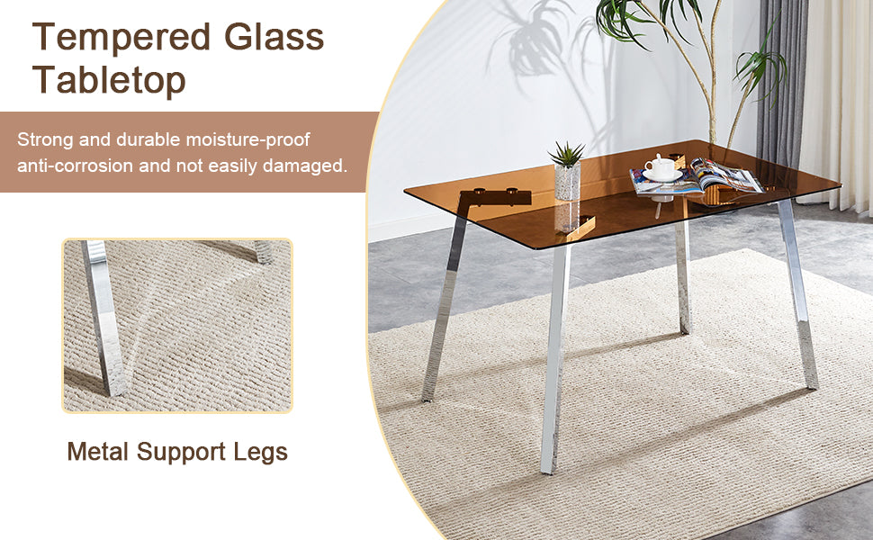 Table And Chair Set.Large Modern Rectangular Table With Brown Glass Top And Silver Metal Legs. Paired With 6 White Chairs With Checkered Armless High Back Pu Cushion And Silver Metal Legs. Silver,White Seats 6 Glass Metal