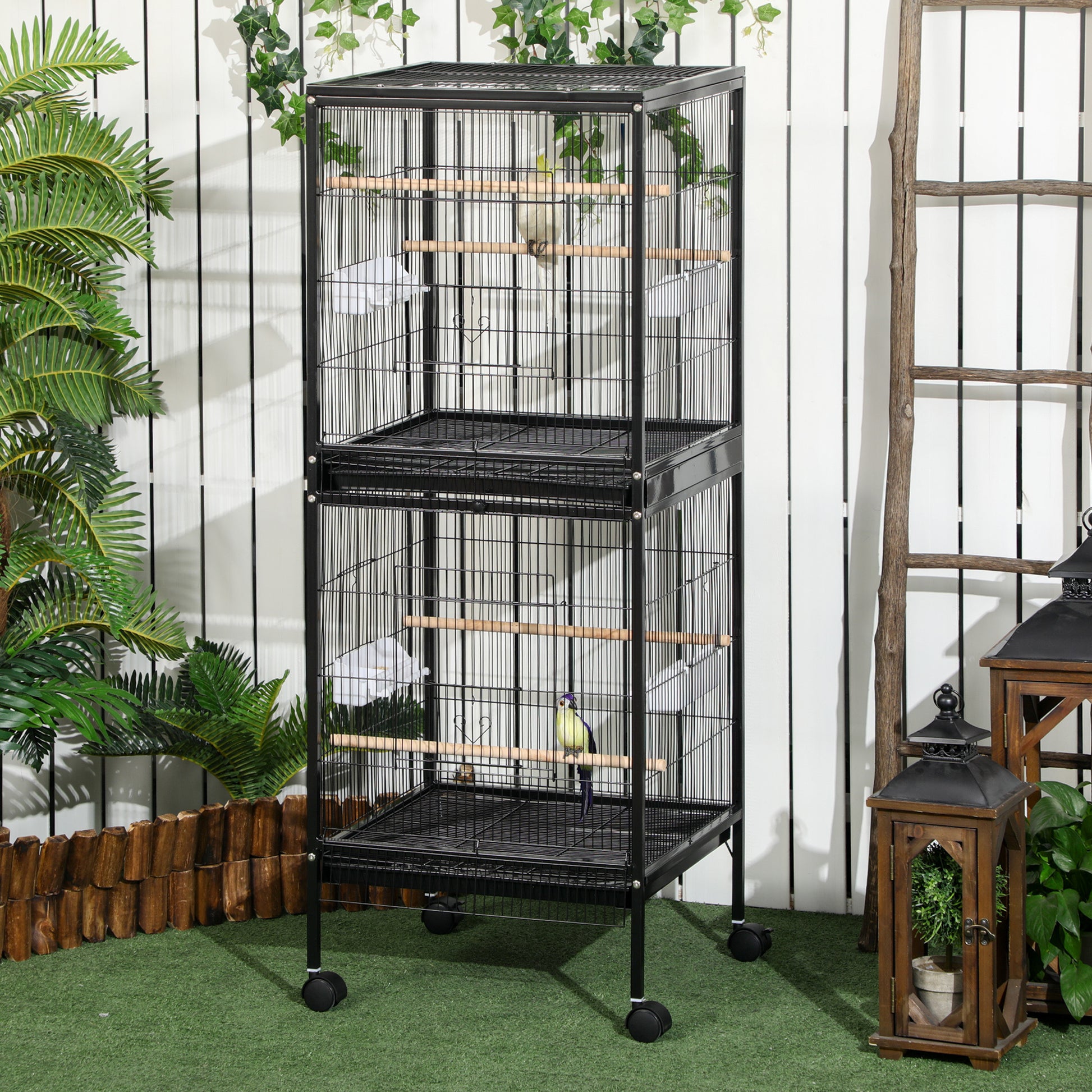 Pawhut Large Bird Cage With 1.7 Ft. Width For Wingspan, Bird Aviary Indoor With Multi Door Design, Fit For A Canary, Finch, Conure, 55", Black Black Wood