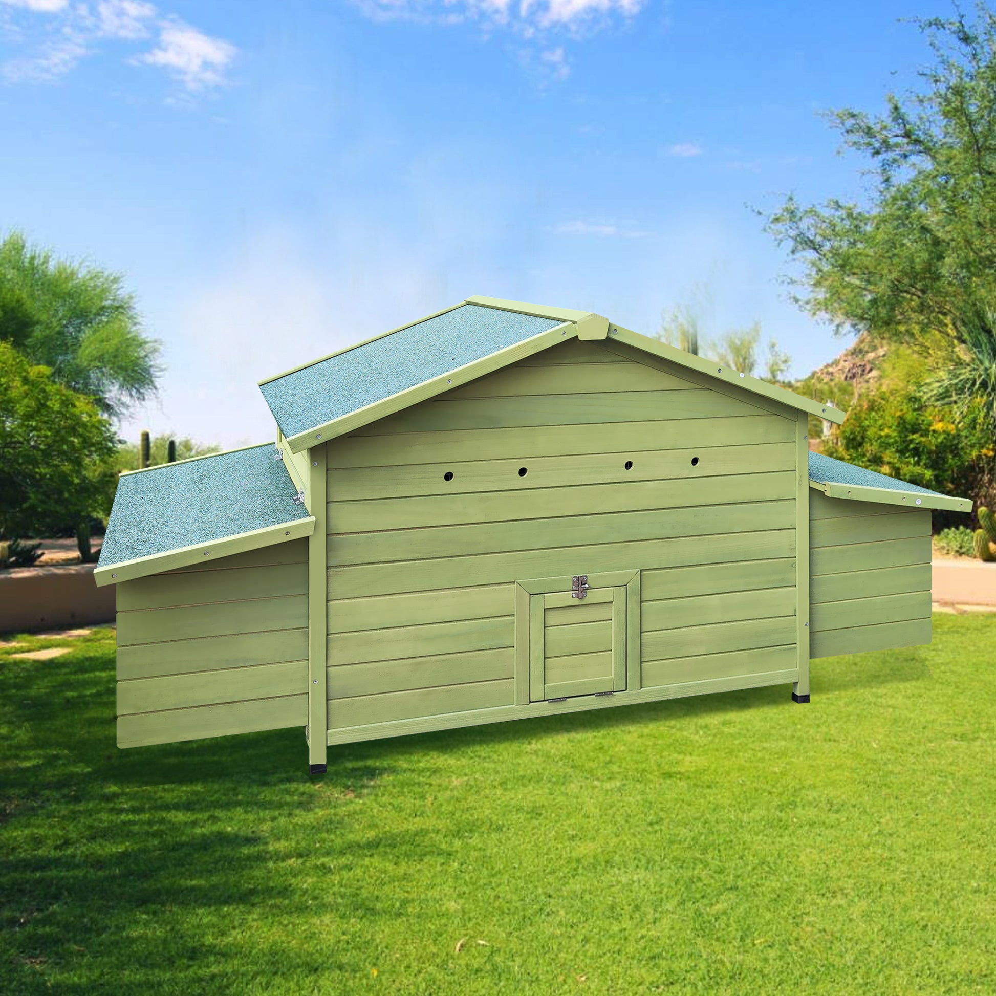 Wooden Chicken Coop Hen House Poultry Cage With 2 Sides Large Nesting Boxes,2 Free Range Doors Green Wood