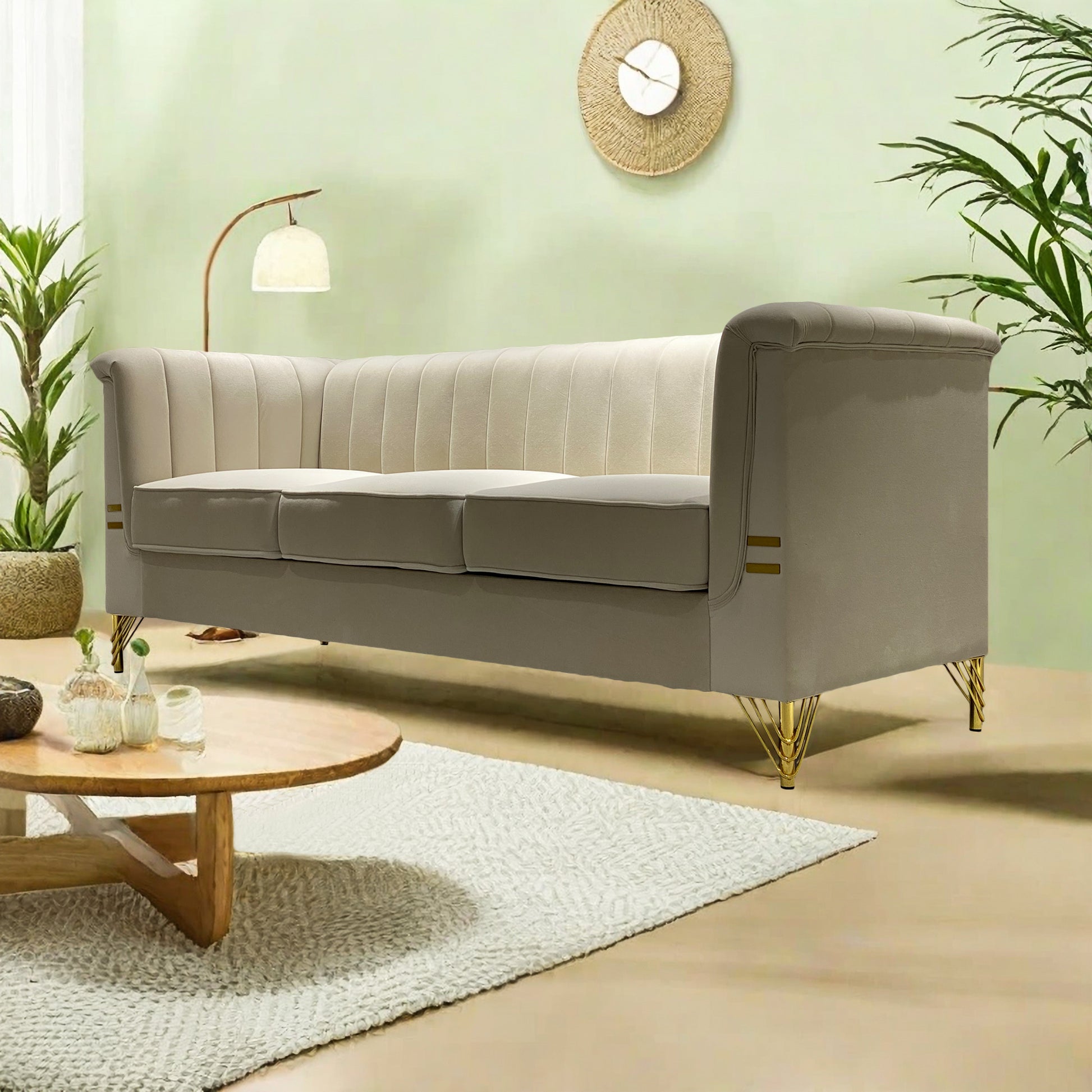 Fx P82 Be Sofa Modern Chenille Sofa, 82.67" Upholstered Couch With Bolster Armrest, 3 Seat Sofa For Living Room, Bedroom, Office, Apartment, Dorm, Beige Beige Velvet 3 Seat