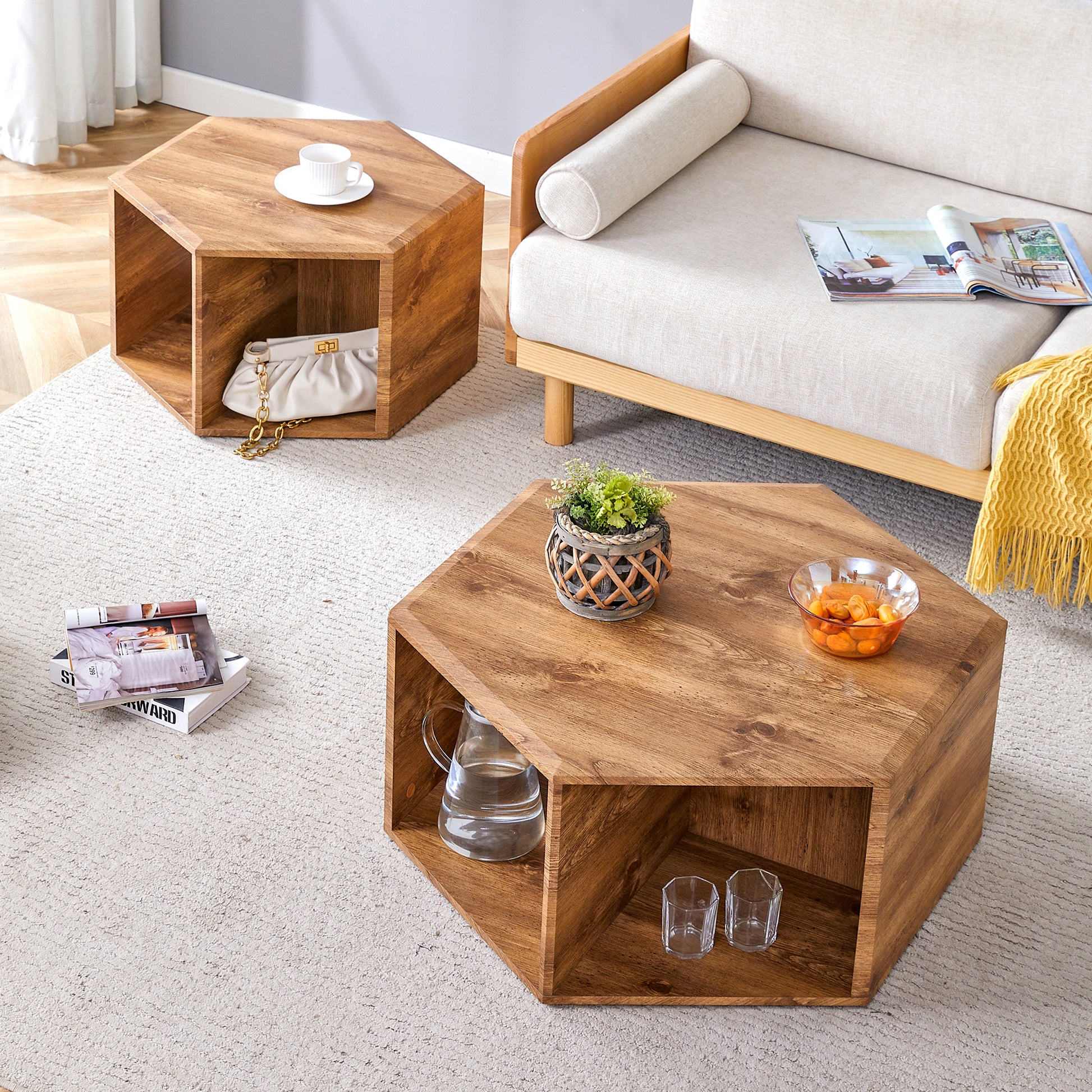 Modern Minimalist Wood Color Hexagonal Coffee Table Set.Hexagonal Mdf Coffee Table, Characteristic Pattern Stickers, Multi Hole Design To Give More Storage Space.Two Coffee Tables Of Different