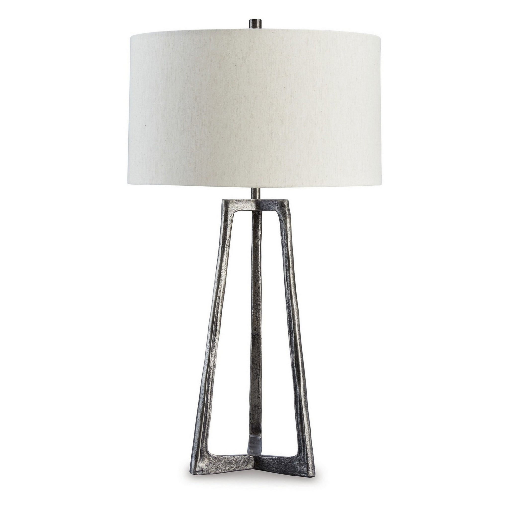 Nila 35 Inch Table Lamp, Pewter Gray Metal Base, 3 Way Switch, Drum Shade Gray Fabric Metal