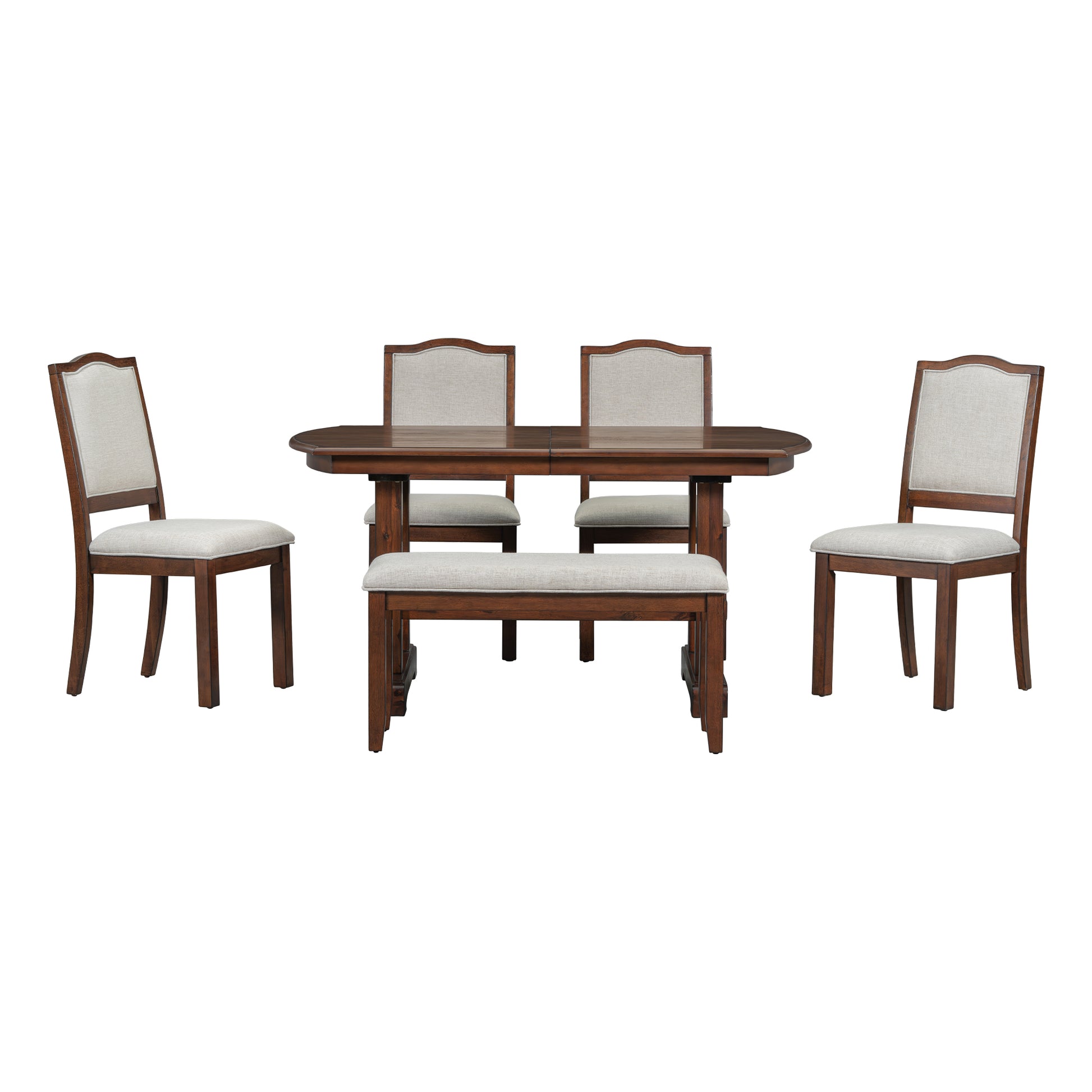 6 Piece Dining Table Set, 60Inch To 78Inch Extendable Wood Dining Table With Removable Leaf, Kitchen Table Set With 4 Upholstered Side Chair And Bench, Dining Table Set For 6 Cherry Wood Dining Room Extendable Rubberwood Rectangular Dining Table With