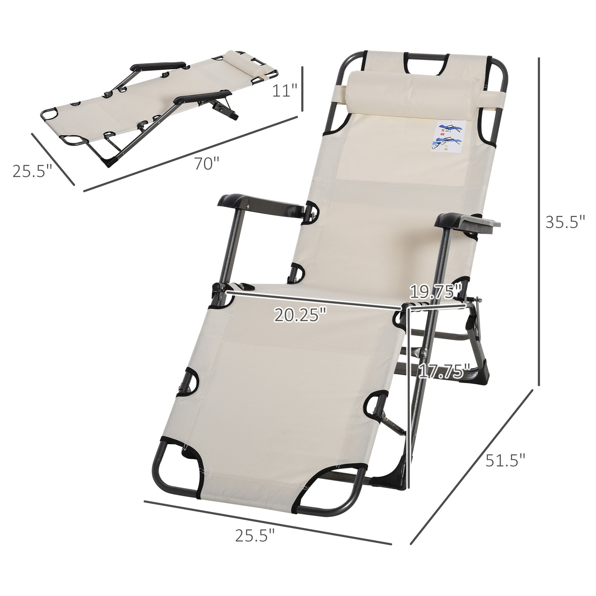 Outsunny Folding Chaise Lounge Chair For Outside, 2 In 1 Tanning Chair With Pillow & Pocket, Adjustable Pool Chair For Beach, Patio, Lawn, Deck, Cream White Cream White Metal