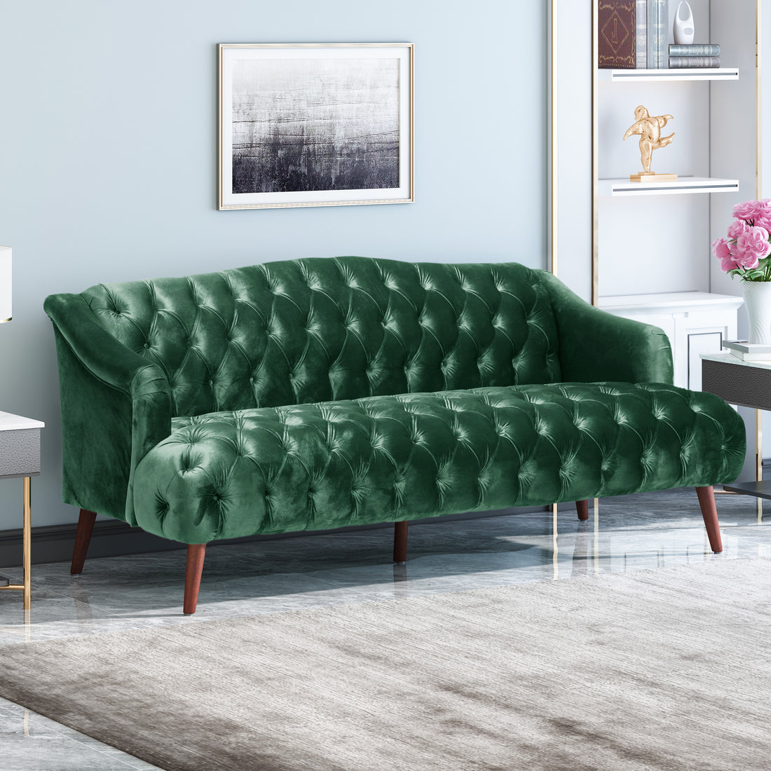 Comfy 3 Seat Sofa With Wooden Legs, Pu, For Living Room And Study Emerald Velvet 3 Seat