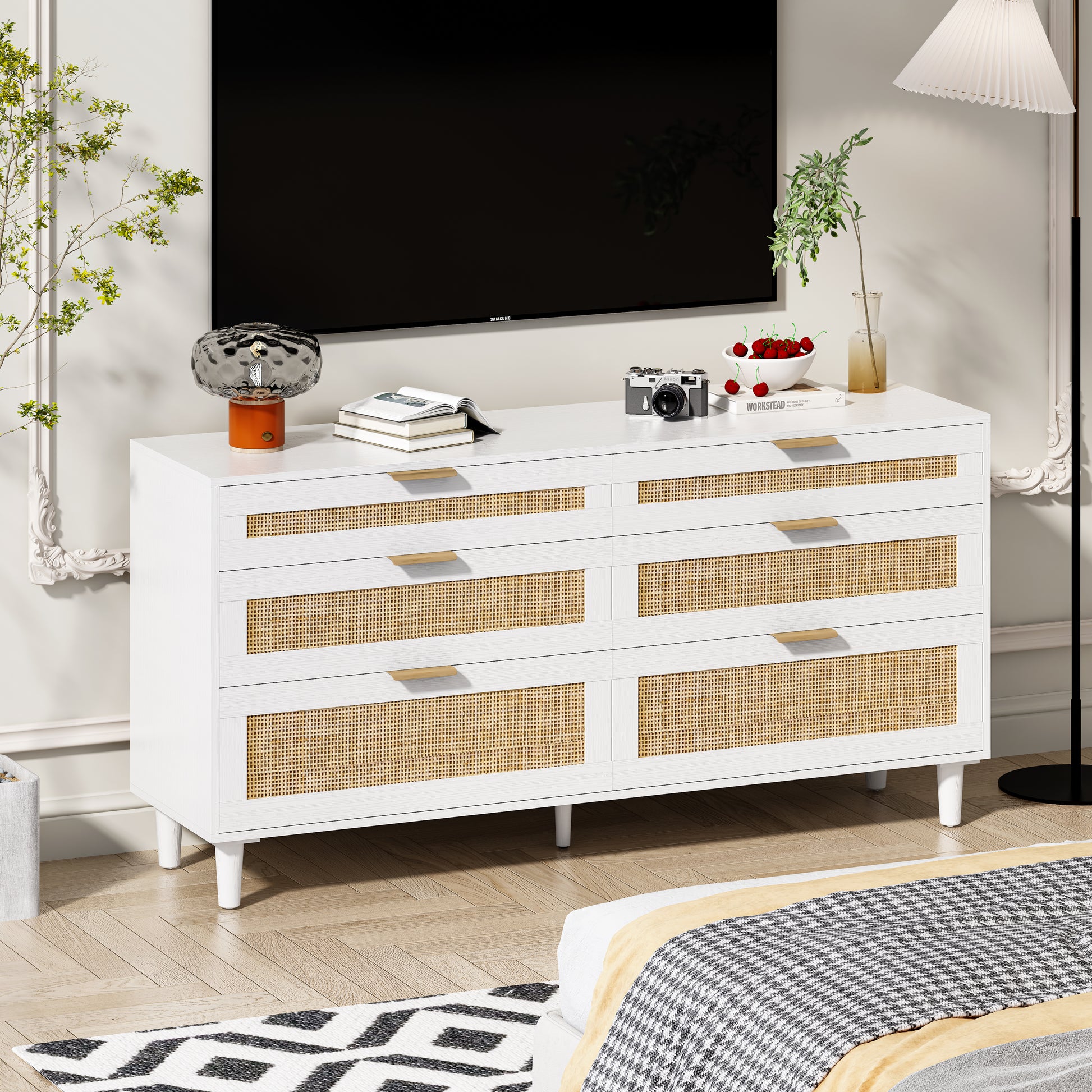 59" Rattan Dresser With Drawers, 6 Drawer Dresser For Bedroom, Clothes Storage Cabinet For Bedroom, Metal Handle&Wood Legs For Hallway, Living Room, Bedroom,White White Mdf Metal