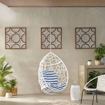 Los Alamitos Hanging Chair With 8Ft Chain White Blue Pe Rattan Iron Waterproof Fabric