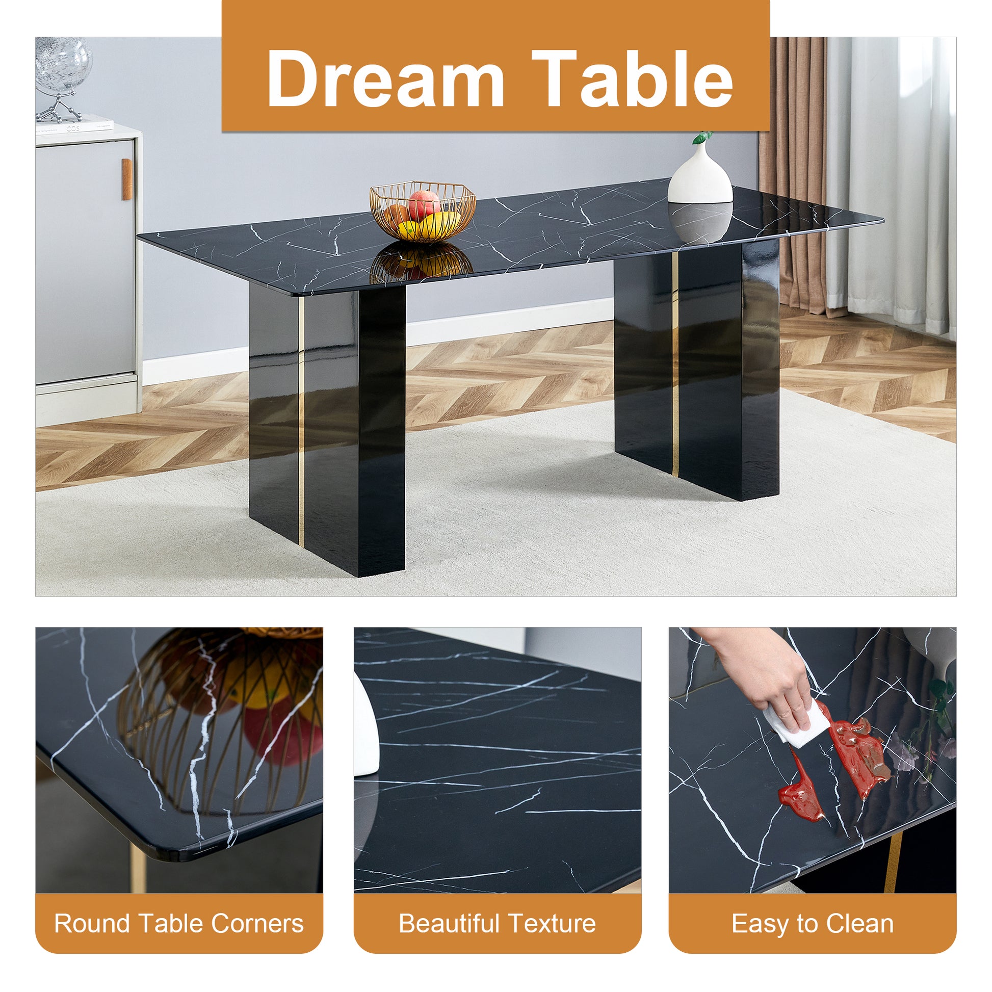 Large Modern Rectangular Table With Black Patterned Countertop And Large Mdf Legs For Kitchen, Dining Room And Living Room To Create A Different Atmosphere For A Home Environment. Black Mdf