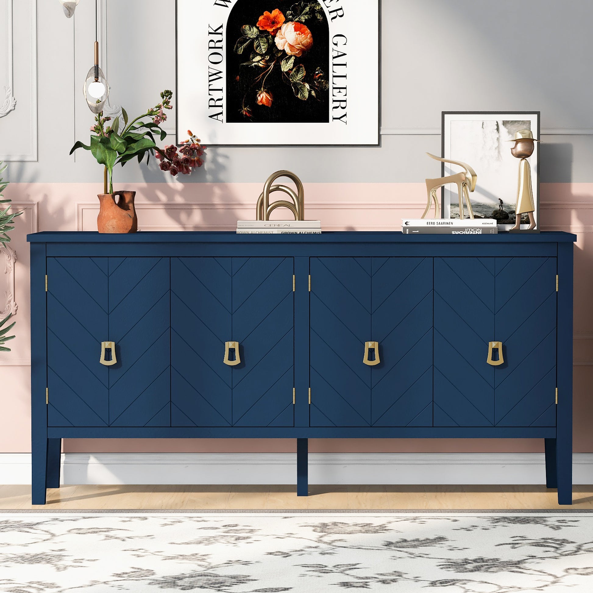 Four Door Sideboard With Geometric Line Patterns And Vintage Metal Handles For Timeless Elegance,Suitable For Living Rooms, Entrance And Study Rooms Navy Blue Primary Living Space American Design Mdf