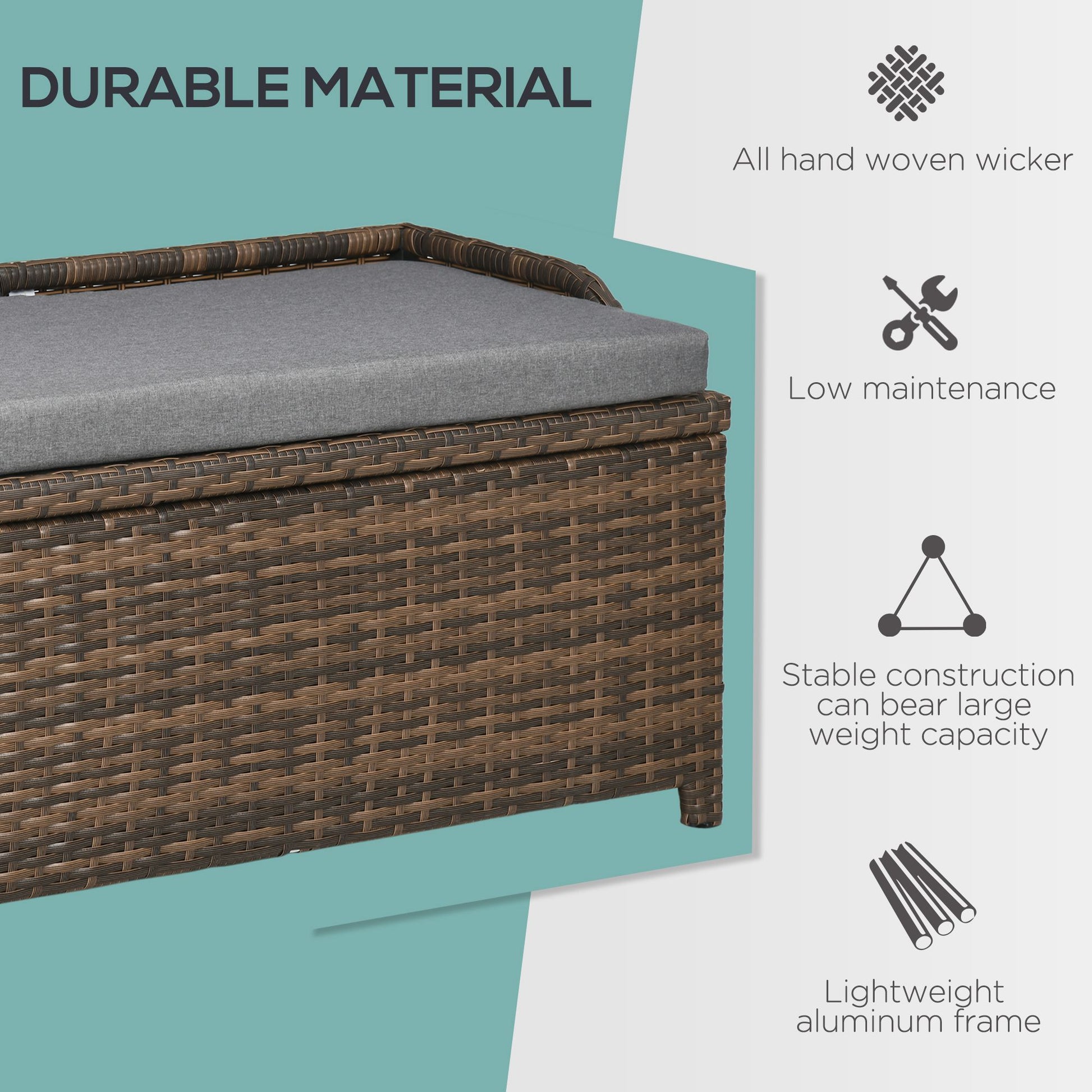 Outsunny Outdoor Wicker Storage Bench Deck Box, Pe Rattan Patio Furniture Pool Container Storage Bin With Interior Waterproof Bag And Comfortable Cushion, Gray Grey Aluminum