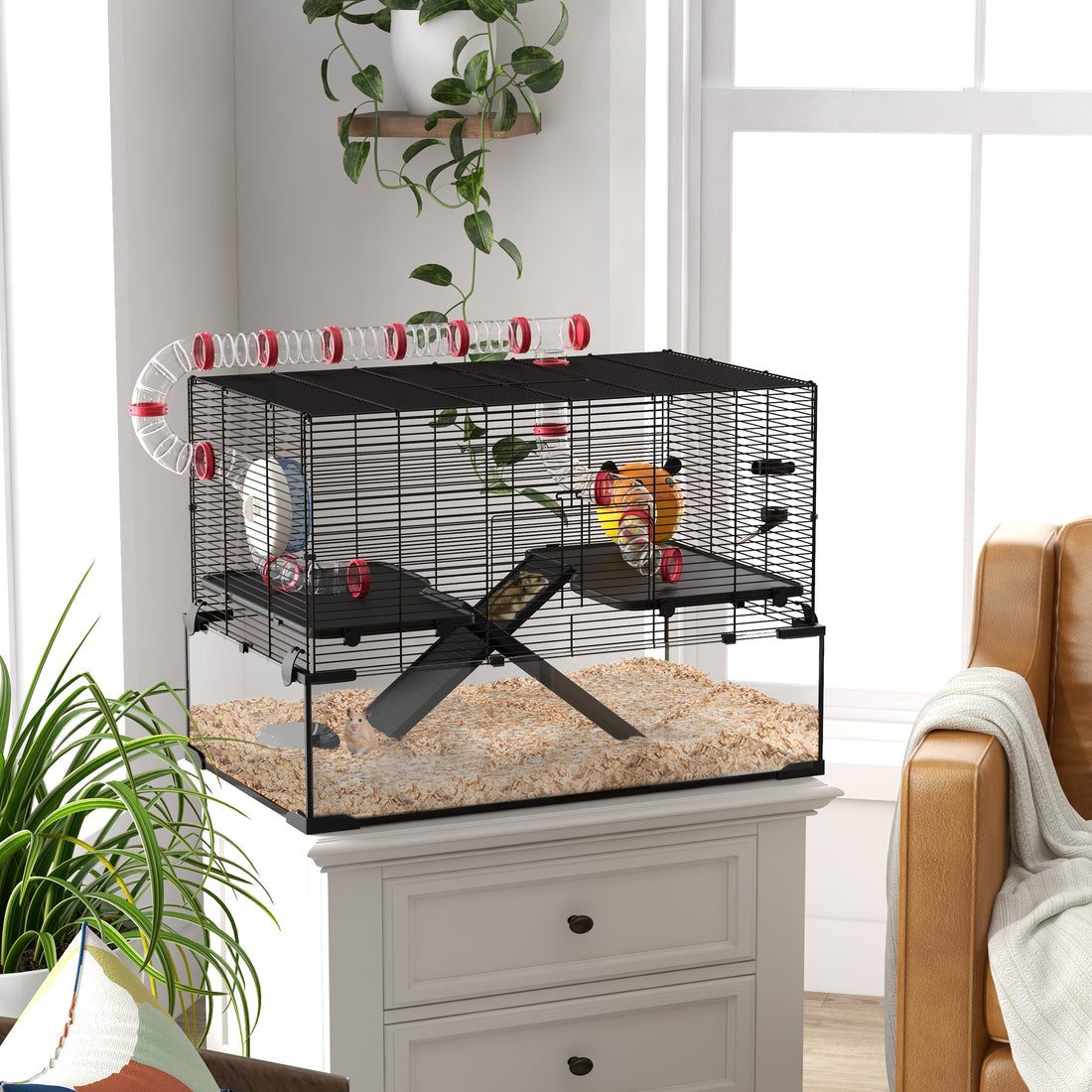 Pawhut 31" Extra Large Hamster Cage With Tube Tunnel, Small Animal Cage For Dwarf Hamster, Rat, Gerbil Cage With Deep Glass Bottom, Water Bottle, Food Dish, Exercise Wheel, Ramps Black Steel