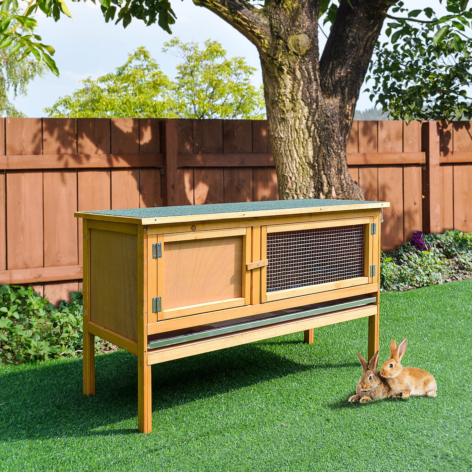 Pawhut Wooden Rabbit Hutch Bunny Cage With Openable Waterproof Roof, No Leak Tray Sturdy Fir Wood Build For Indoor Outdoor Yellow Wood