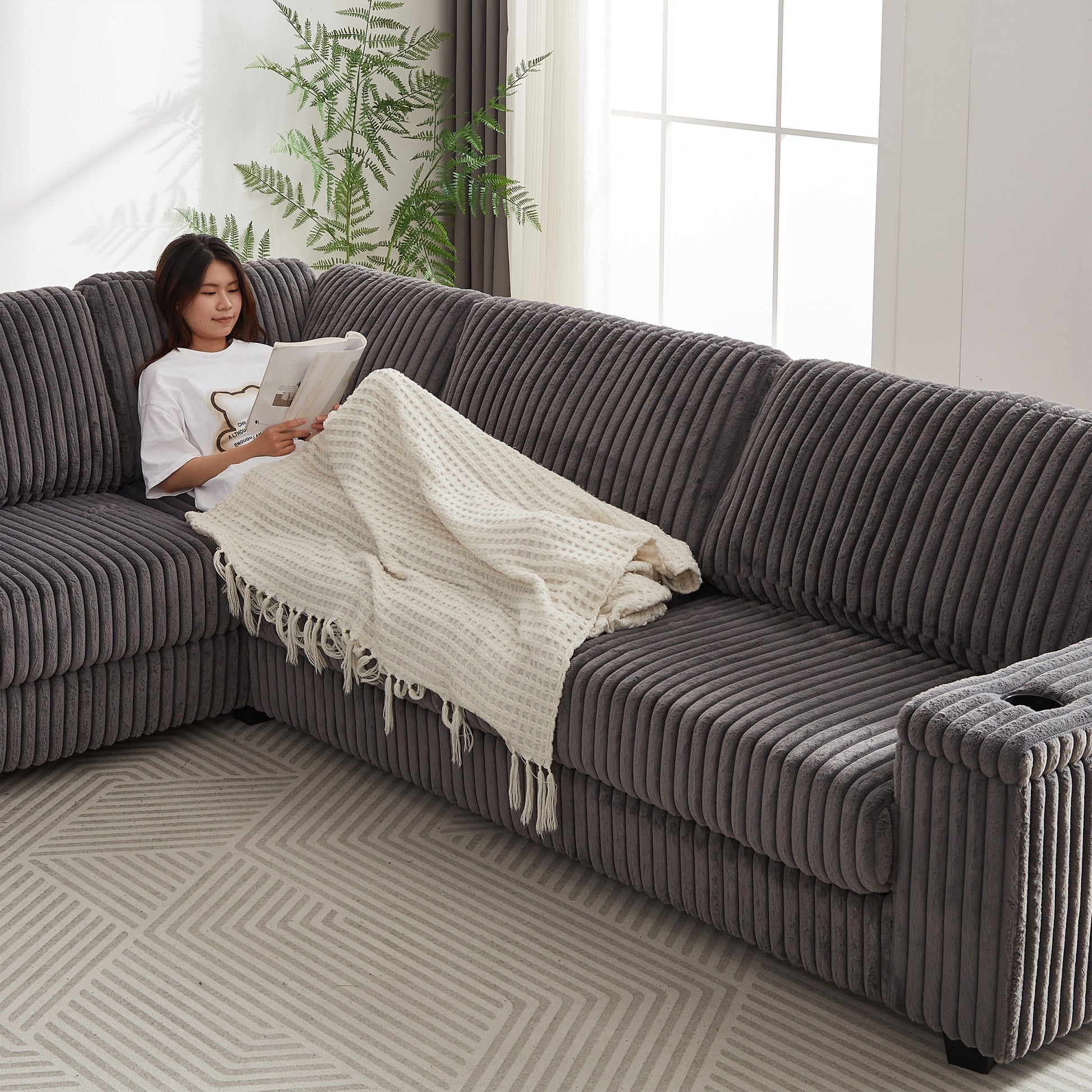 110 Inch Oversized Corduroy Corner Sofa,L Shaped Corner Couch With Two Storage Spaces,Usb Port & T Pyce Port And Cup Holderdeep Seat Comfy Upholstered Couches For Living Room Not Freely Combinable Dark Grey Corduroy 5 Seat