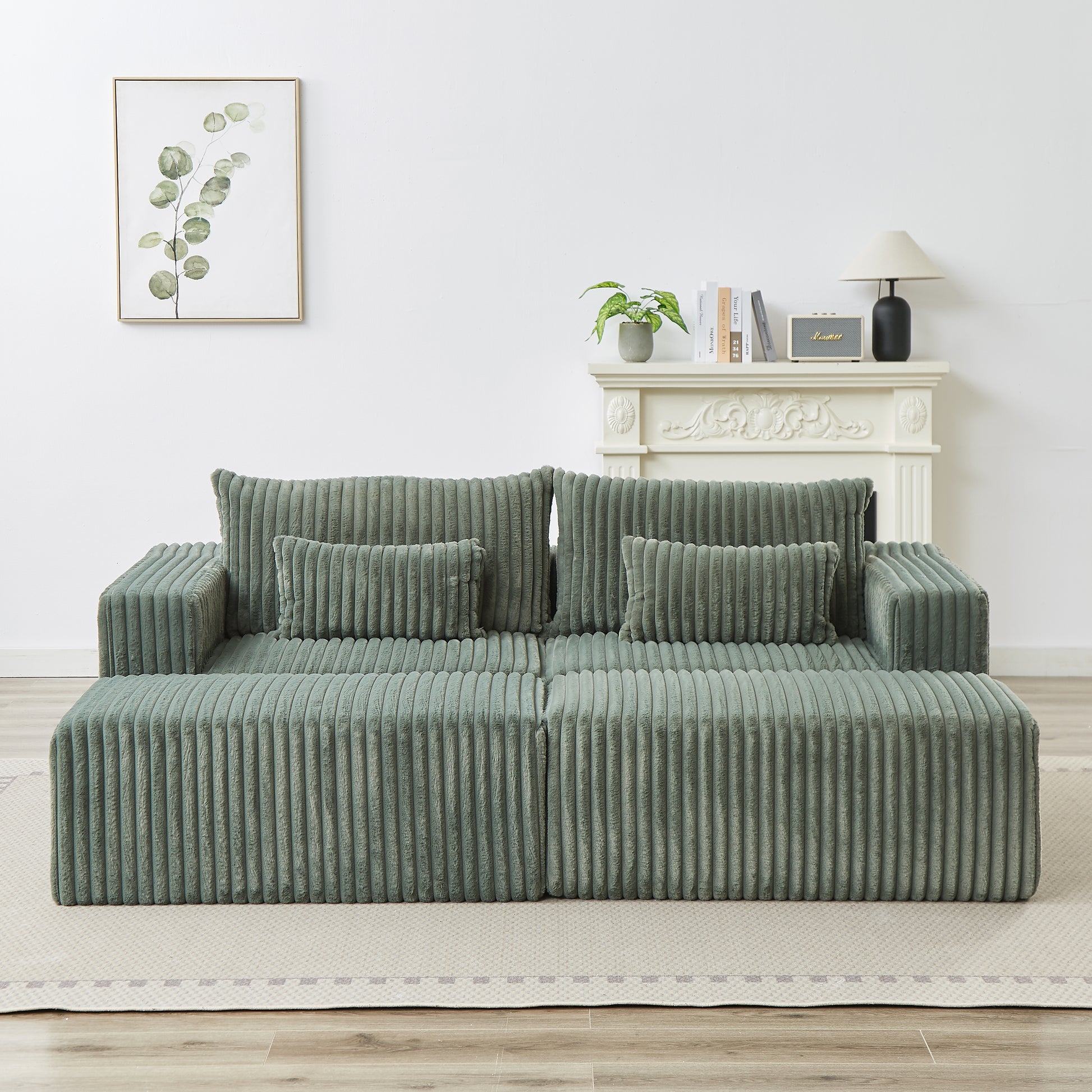 87" Oversized Sectional Lounge Chaise,No Assembly Required,Cloud Plush Loveseat With Two Removable Footstool,Fluffy Modern Sleeper Chair For Indoor Living Room Bedroom Army Green Corduroy 2 Seat