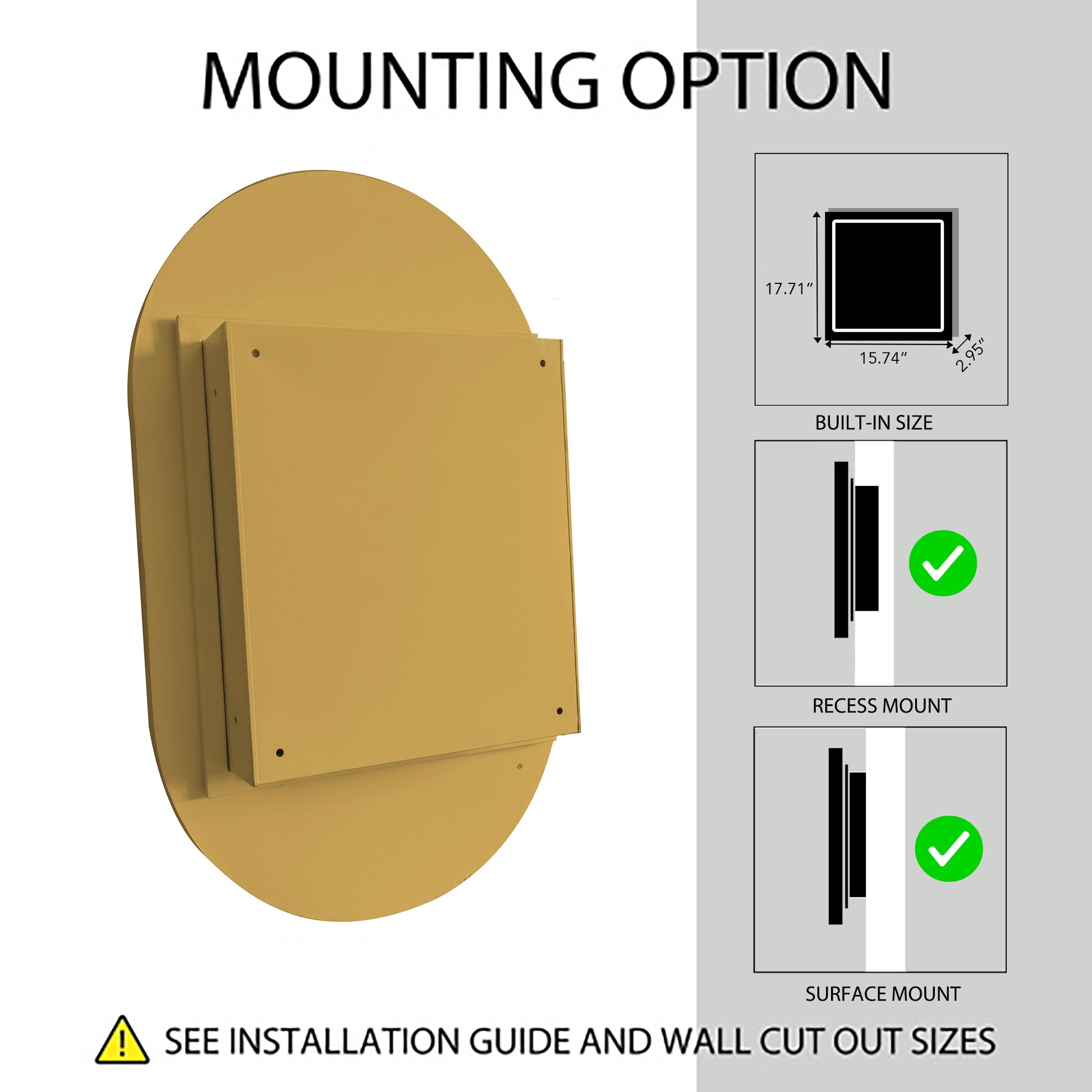 20X34 Inch Oval Recessed Medicine Cabinet, Metal Framed Bathroom Wall Cabinet With Mirror And Adjustable Shelves, Wall Mirror With Storage For Bathroom, Matte Gold Gold 2 Adjustable Shelves Bathroom