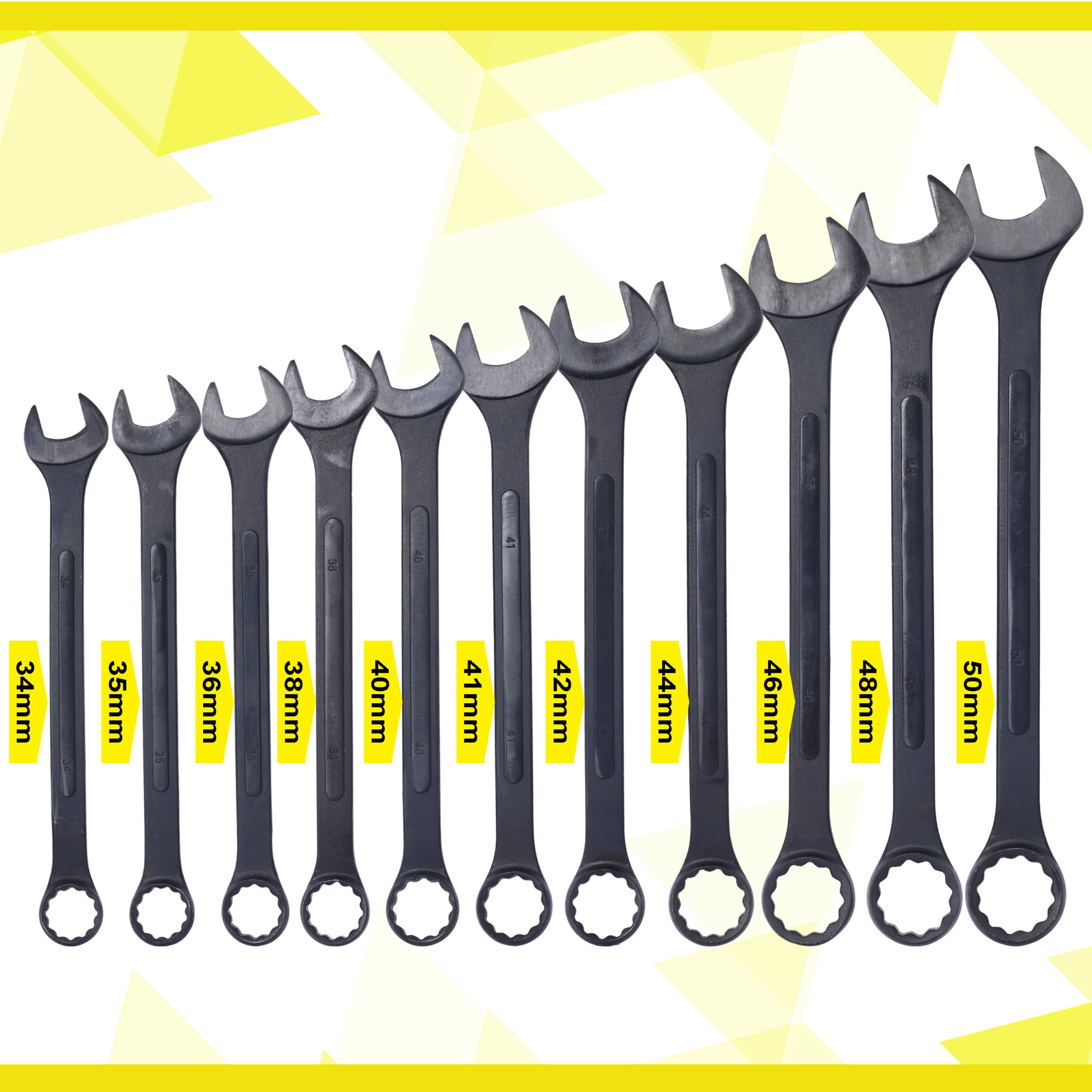 Jumbo Combination Wrench Set Extra Large, Metric, 11 Piece, 34 To 50Mm,Black Oxide, With Pouch Black Carbon Steel