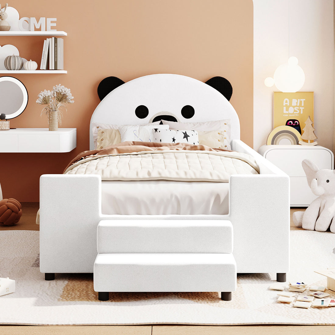 Twin Size Upholstered Daybed With Bear Shaped Headboard, Hydraulic System Andmesh Fence, White White Velvet