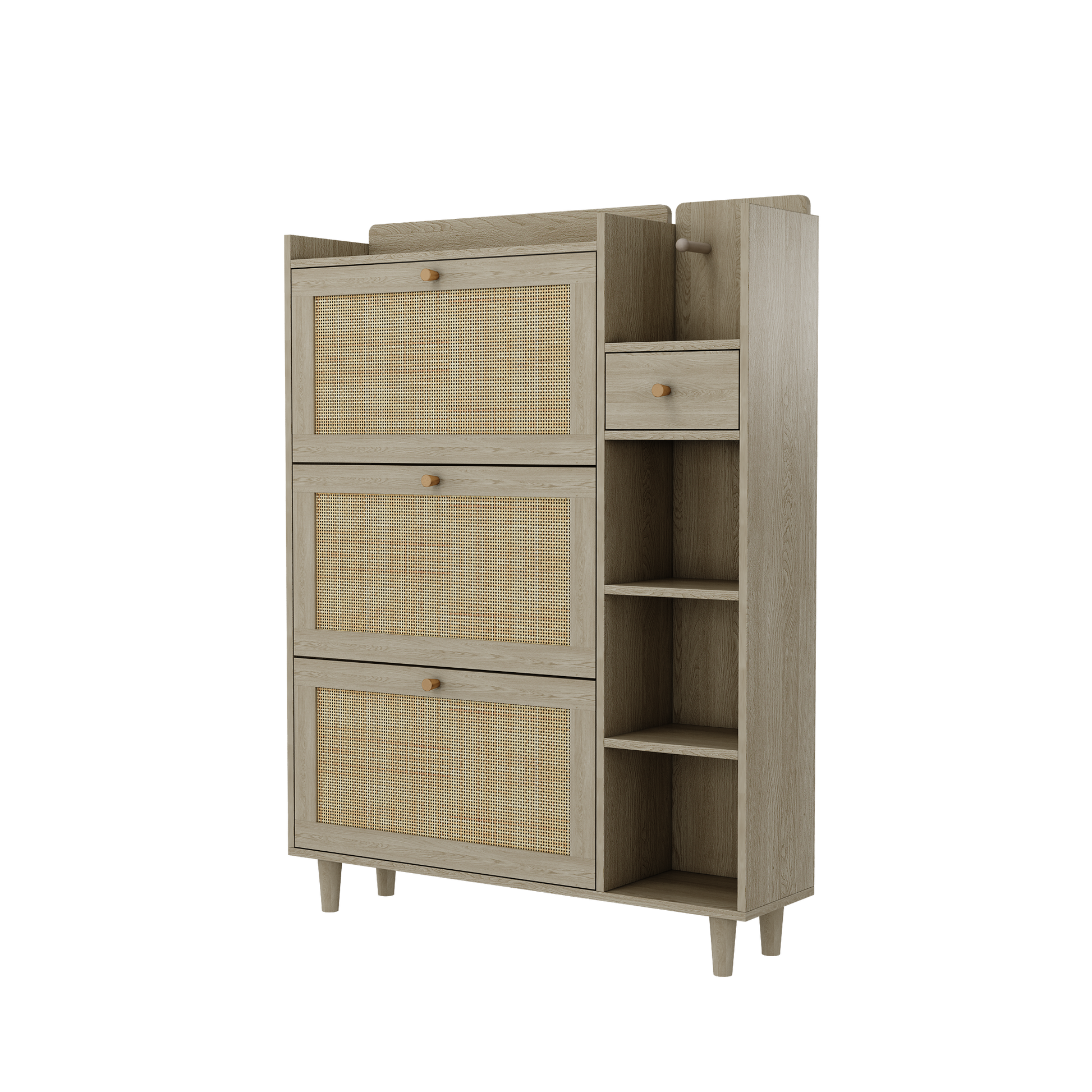 Natural Bohemia Style Shoe Cabinet, Shoe Rack Cabinet With 3 Rattan Flip Drawers,3 Square Shelves And 1 Storage Drawer, Shoe Organizer With Mulit Storage Space And Hooks For Hallway, Entryway, Natural Freestanding 3 4 Drawers Natural Natural Wood Primary