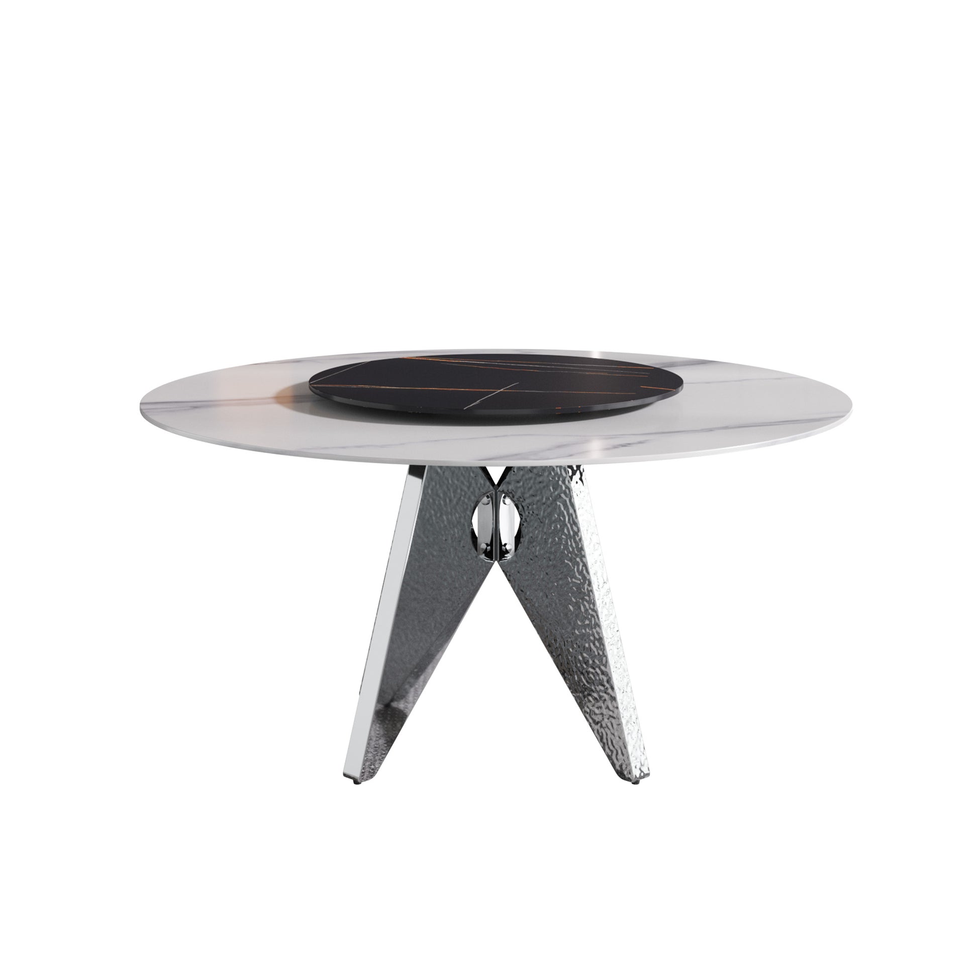 59.05" Round Marble Dining Table With Silver Stainless Steel Design Base, Artificial Marble For 6 8 People, 31.5"Black Artificial Stone Turntable,White&Black Dining Table Only Black,Silver,White