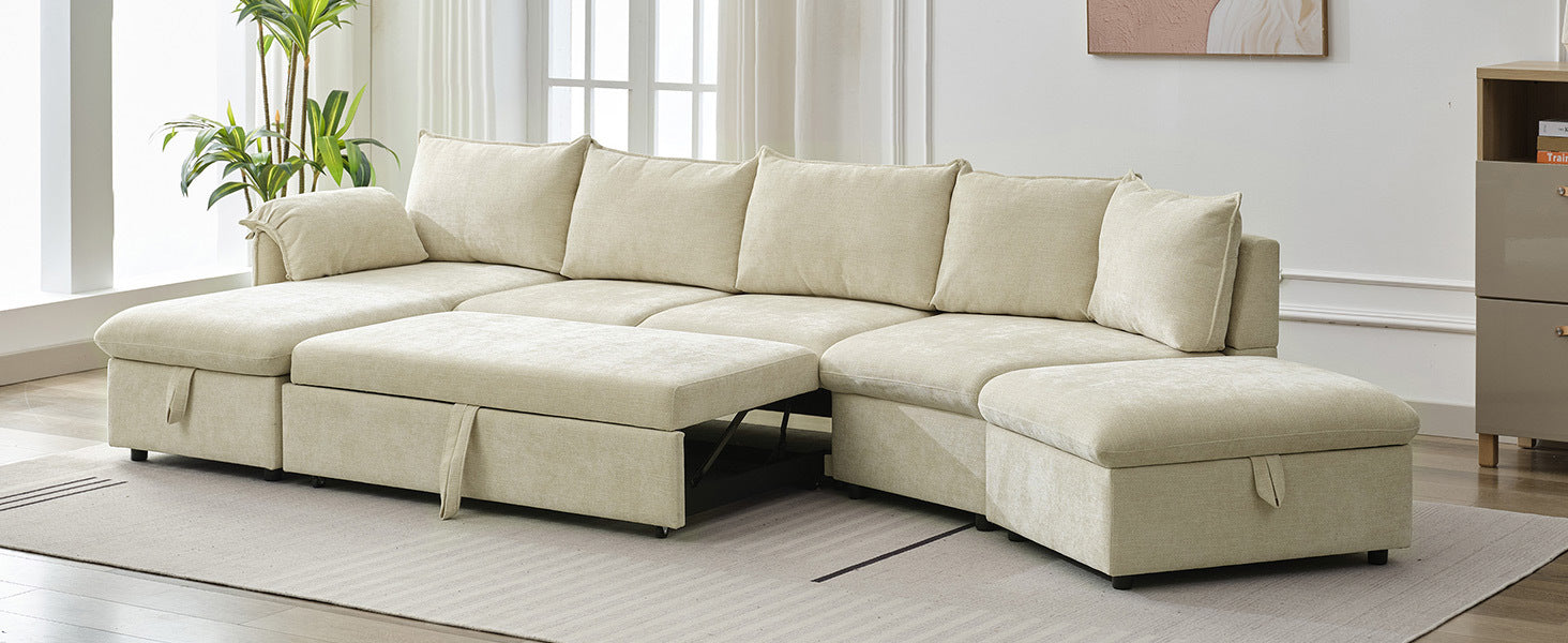 146.9" L Shaped Sofa Sectional Sofa Couch Pull Out Sofa Bed With A Movable Storage Ottoman, A Storage Chaise Lounge And Two Usb Ports For Living Room, Beige Beige Foam Linen 5 Seat