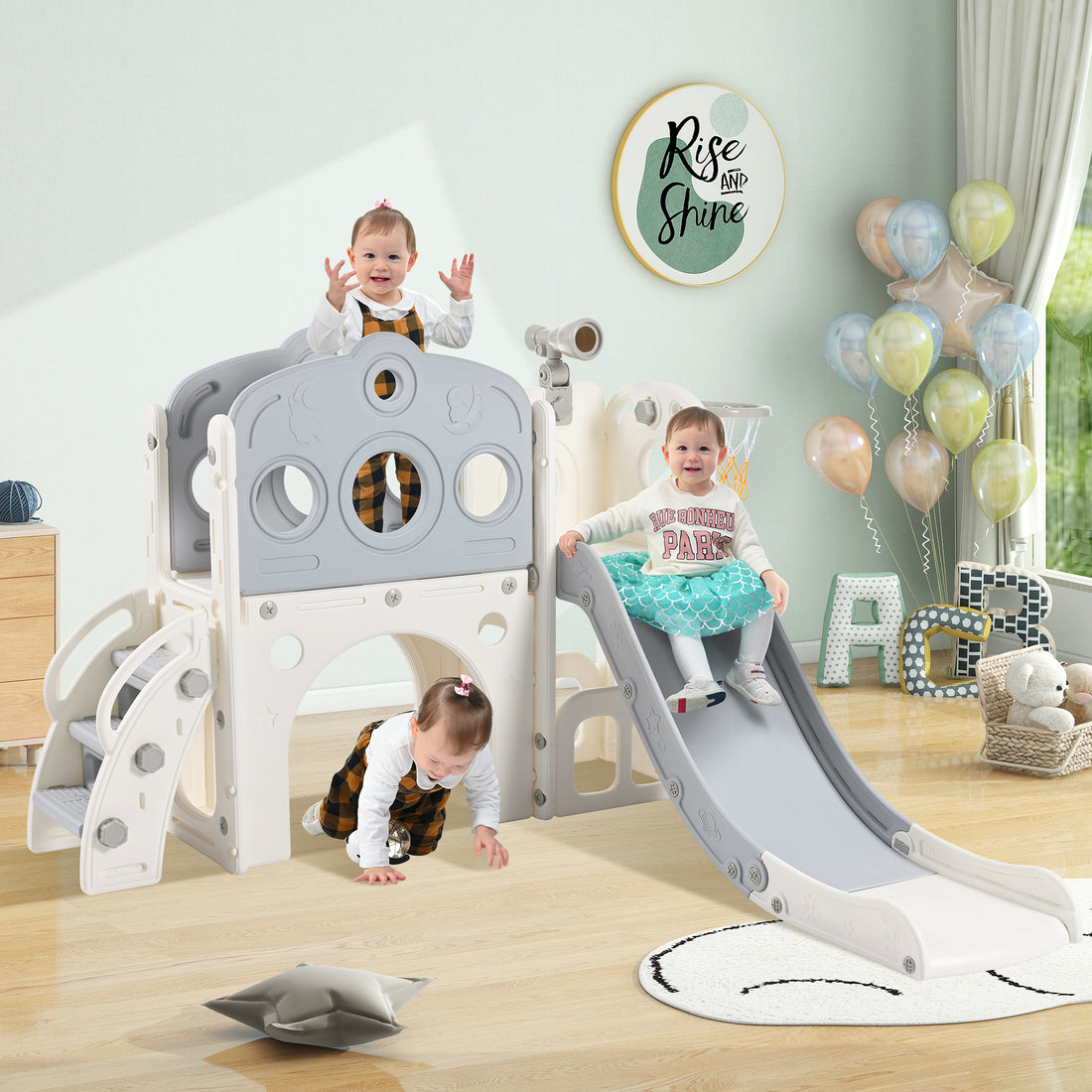 7 In 1 Toddler Slide Set, Freestanding Space Set With Slide, Kids Slide Playset Structure, Arch Tunnel And Basketball Hoop, Toy Storage Organizer For Toddlers, Kids Climbers Playground Grey White 50 99 Lbs Cute 1 To 2 Years Hdpe Indoor & Outdoor Use