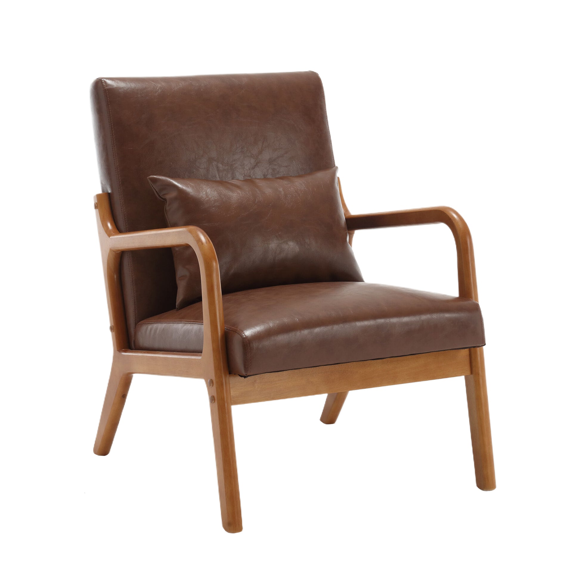 Coolmore Modern Accent Chair, Solid Wood Padding Lounge Armchairs With One Pillow For Living Room, Bedroom, Guest Room Brown Pu Brown Pu Brown Primary Living Space Modern Rubberwood Foam Pu Leather